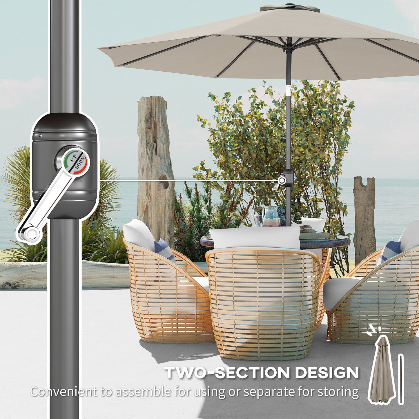 Outsunny 3(m) Tilting Parasol Garden Umbrellas, Outdoor Sun Shade with 8 Ribs, Tilt and Crank Handle for Balcony, Bench, Garden, Light Grey