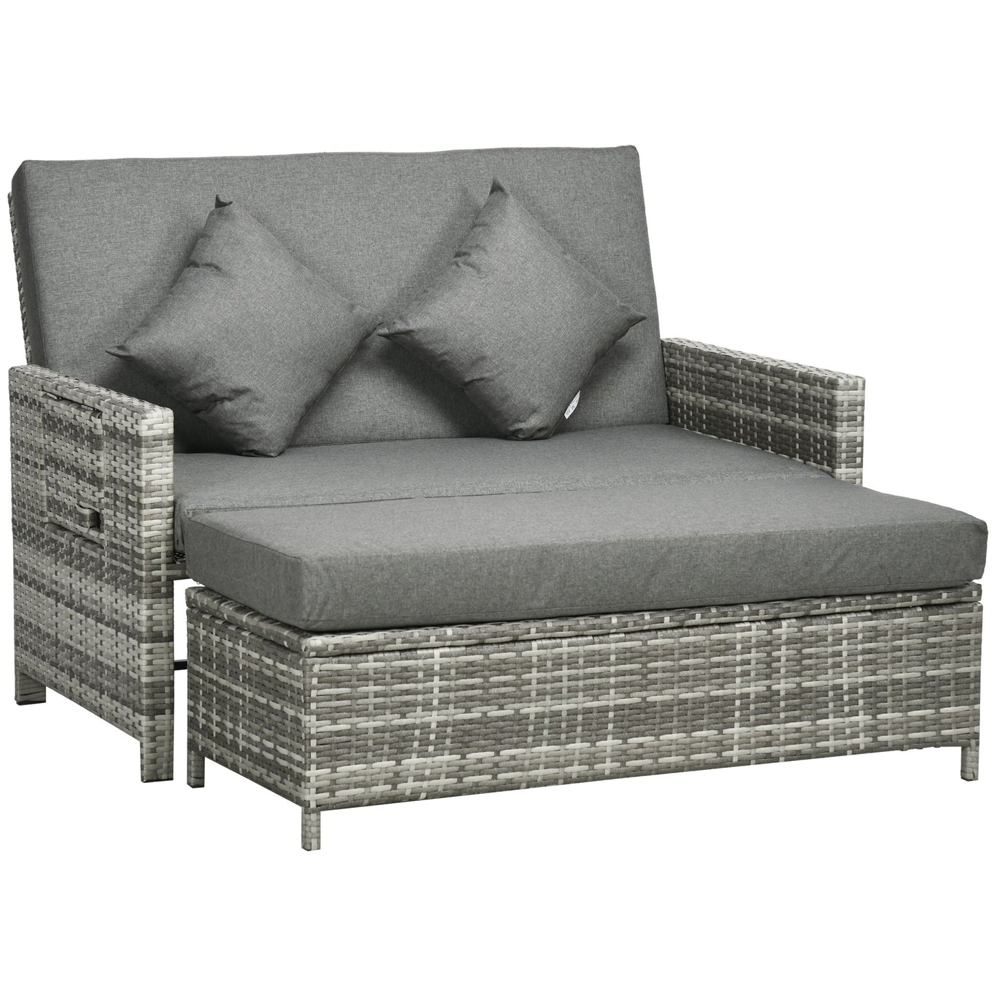 Outsunny Rattan Garden Daybed, Assembled Double Sun Lounger with 5-Level Adjustable Back, Storage Ottoman, Cushions, Pillows and Retractable Trays, Outdoor Loveseat Sofa Bed for Patio, Mixed Grey