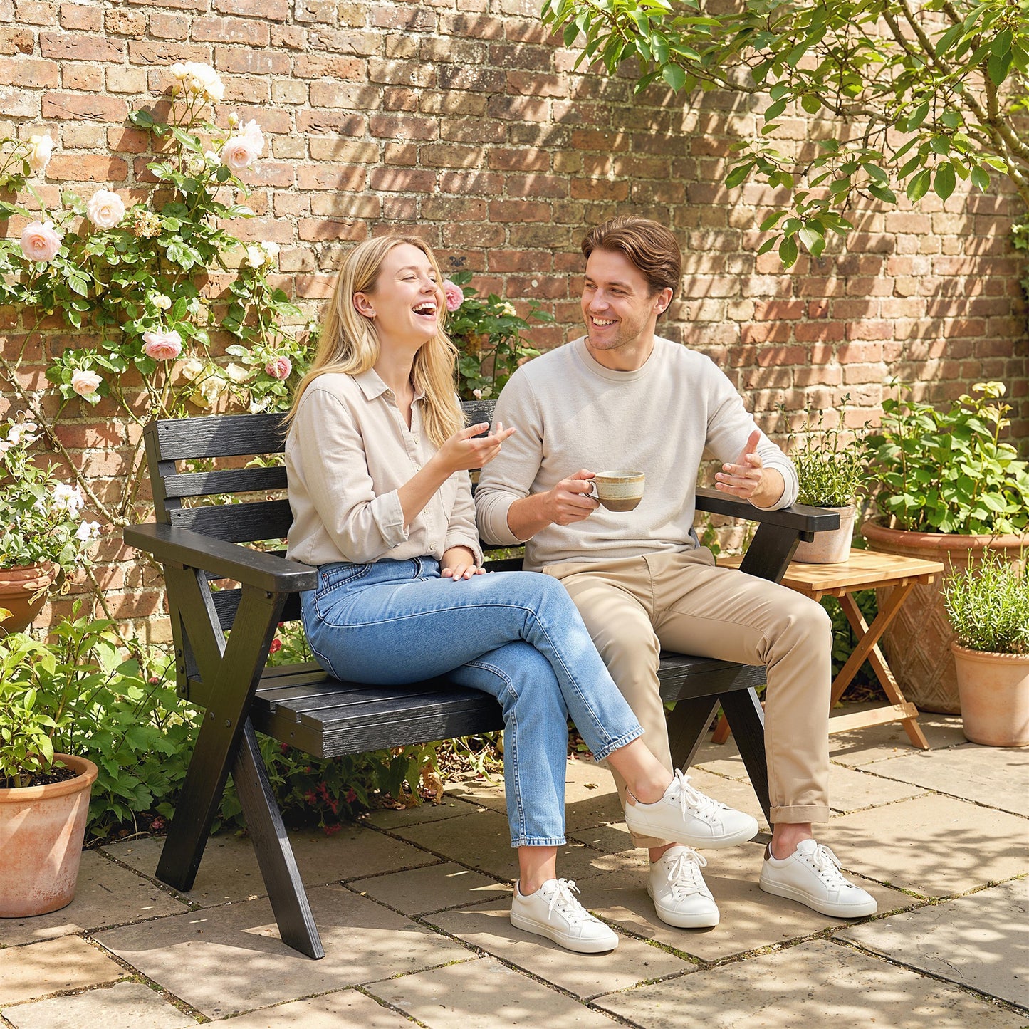 Verona 2 Seater Wooden Garden Bench, Slatted Patio Bench with Armrest and Backrest, Black
