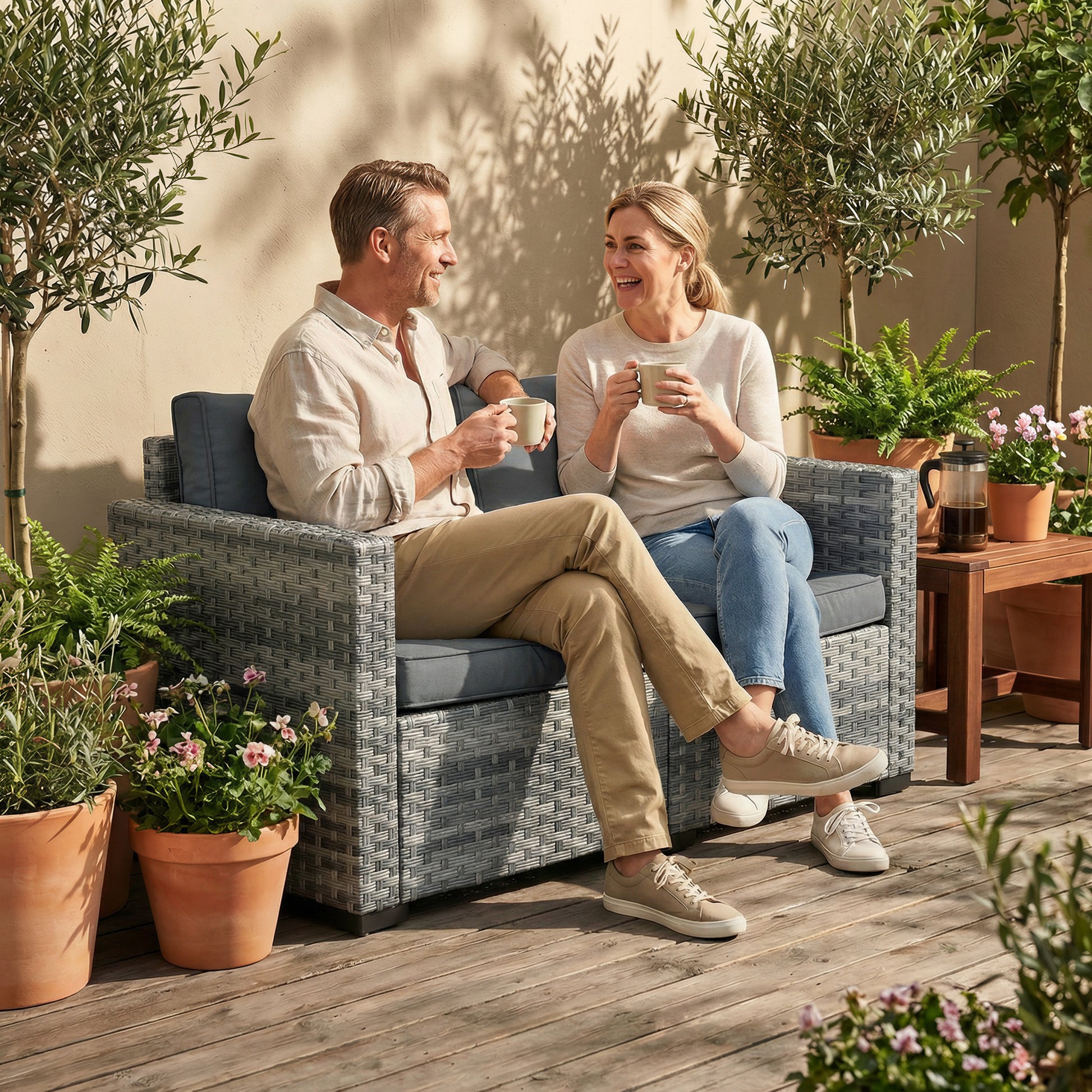 Mediterraneo 2 Seater Rattan Sofa, Garden Sofa with Deep Seat, Cushions, Wide Armrests, Mixed Grey