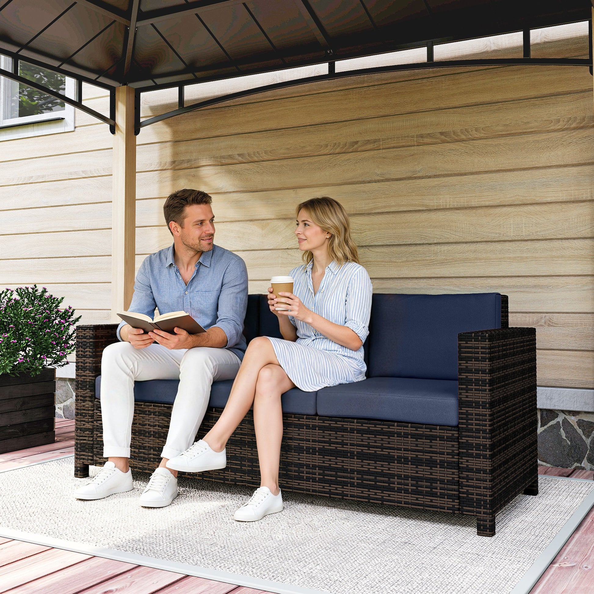Outsunny 3-Seater Weather Resistant Outdoor Garden Rattan Sofa Dark Blue