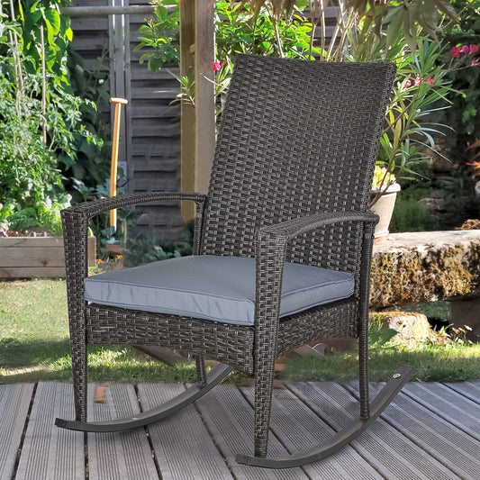 Marbella Outdoor PE Rattan Rocking Chair, Garden Rocking Chair Set with Armrest and Cushion, Grey