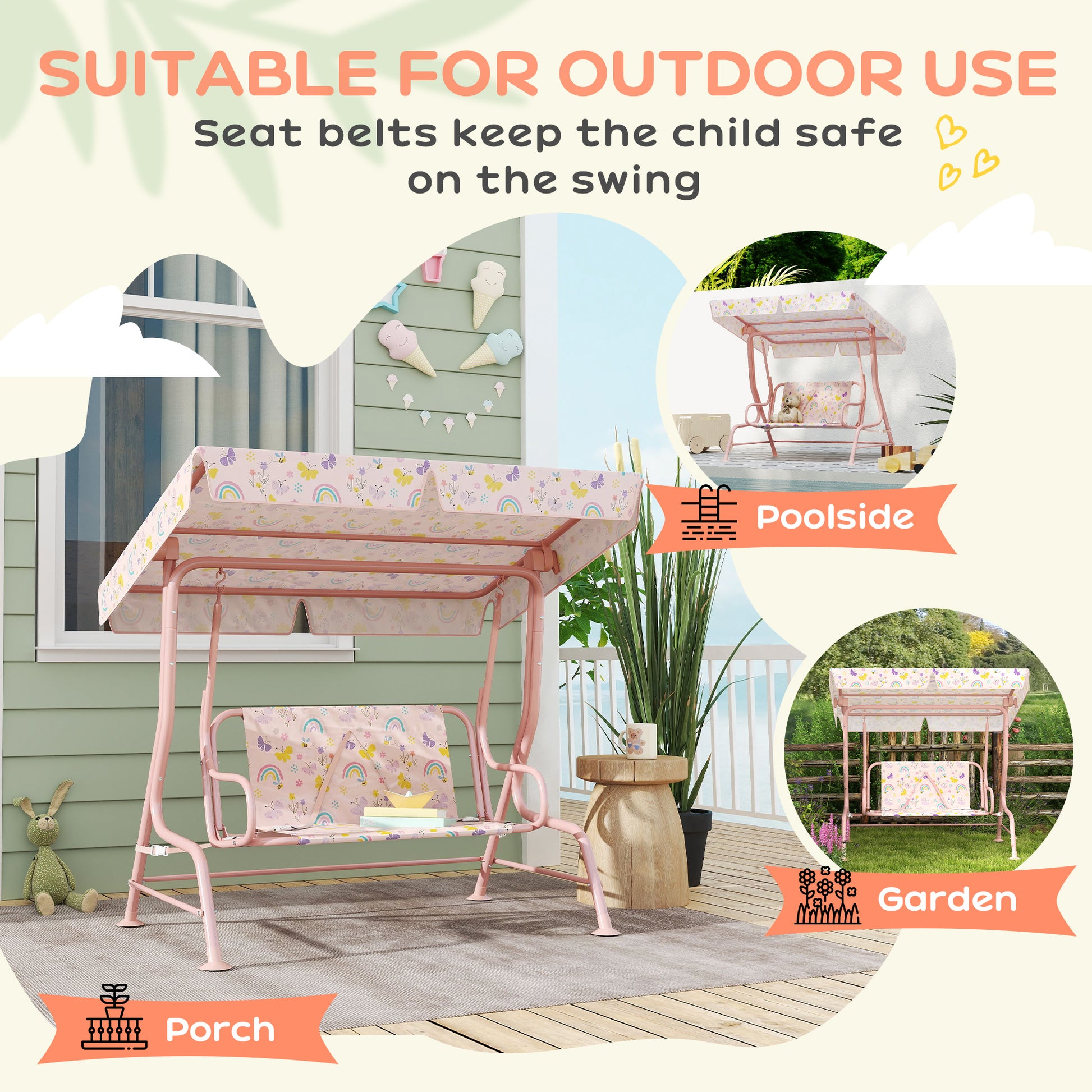 AIYAPLAY Kids Garden Swing Chair with Adjustable Canopy, Safety Belt, 2 Seater Hammock Swing Bench for Patio, Porch, Pink