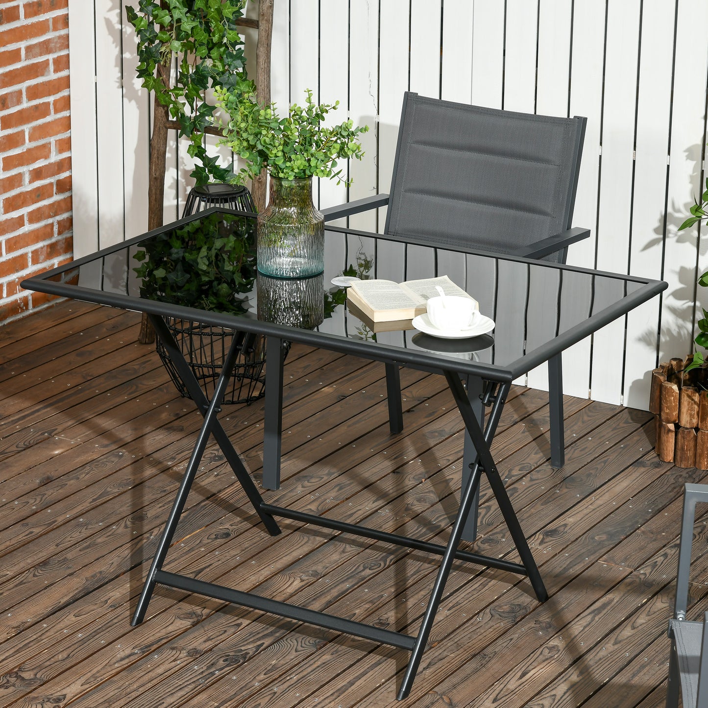 Folding Garden Dining Table for 6, Rectangle Garden Table Tempered Glass Top with Parasol Hole for Patio, Balcony, Terrace, 110 x 70 x 70 cm,