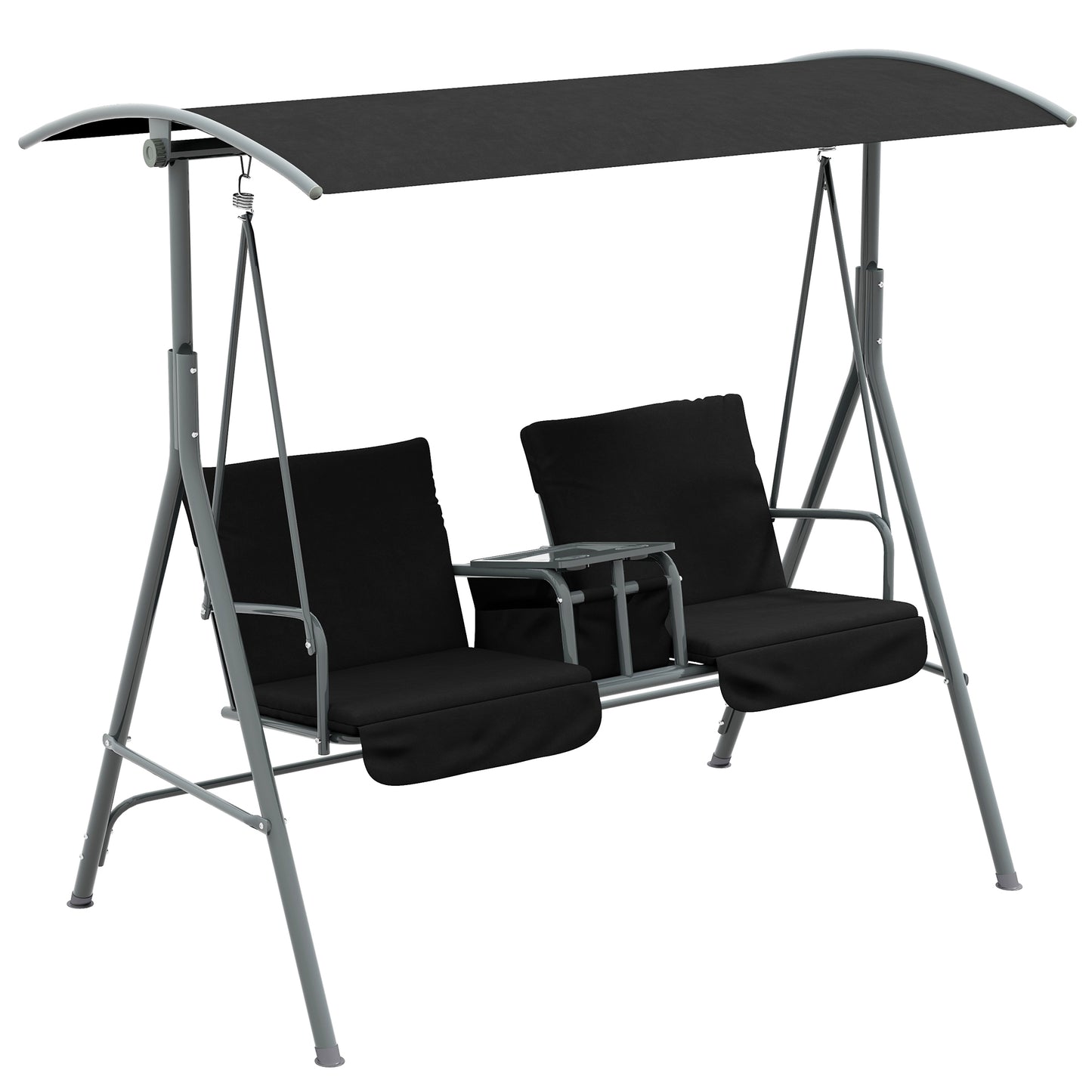 Outsunny 2 Seater Garden Swing Chair, Patio Swing Seat w/ Tilting Canopy, Double Padded Seats, Storage Bag and Tray For Garden Balcony Terrace Patio, Black