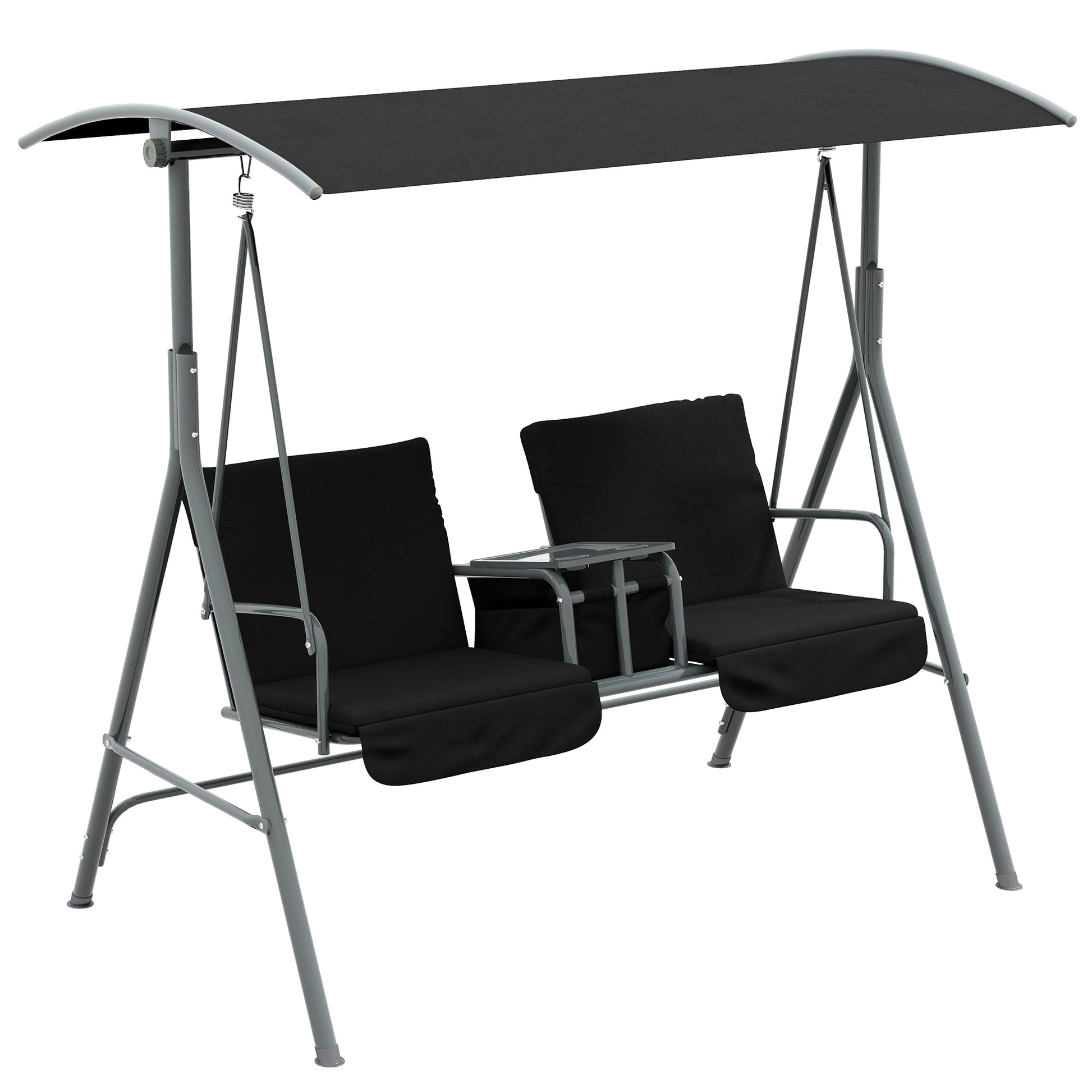 Outsunny 2 Seater Garden Swing Chair, Patio Swing Seat w/ Tilting Canopy, Double Padded Seats, Storage Bag and Tray For Garden Balcony Terrace Patio, Black