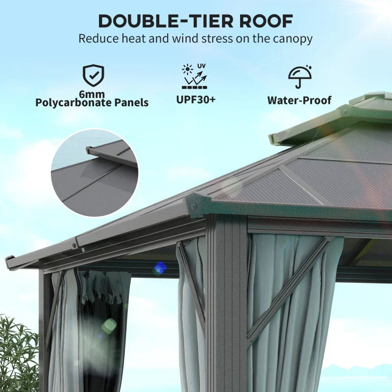 4m x 3m Grey Aluminium Hardtop Gazebo Pavilion – UPF30+ Polycarbonate Roof Outdoor Garden Shelter with Privacy Curtains & Insect Netting