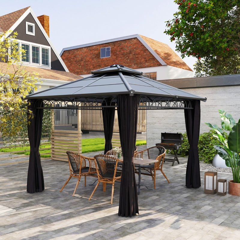 3m x 3m Dark Grey Hardtop Garden Gazebo with Polycarbonate Double Roof, Steel Frame, Privacy Curtains & Insect Netting Outdoor Pavilion