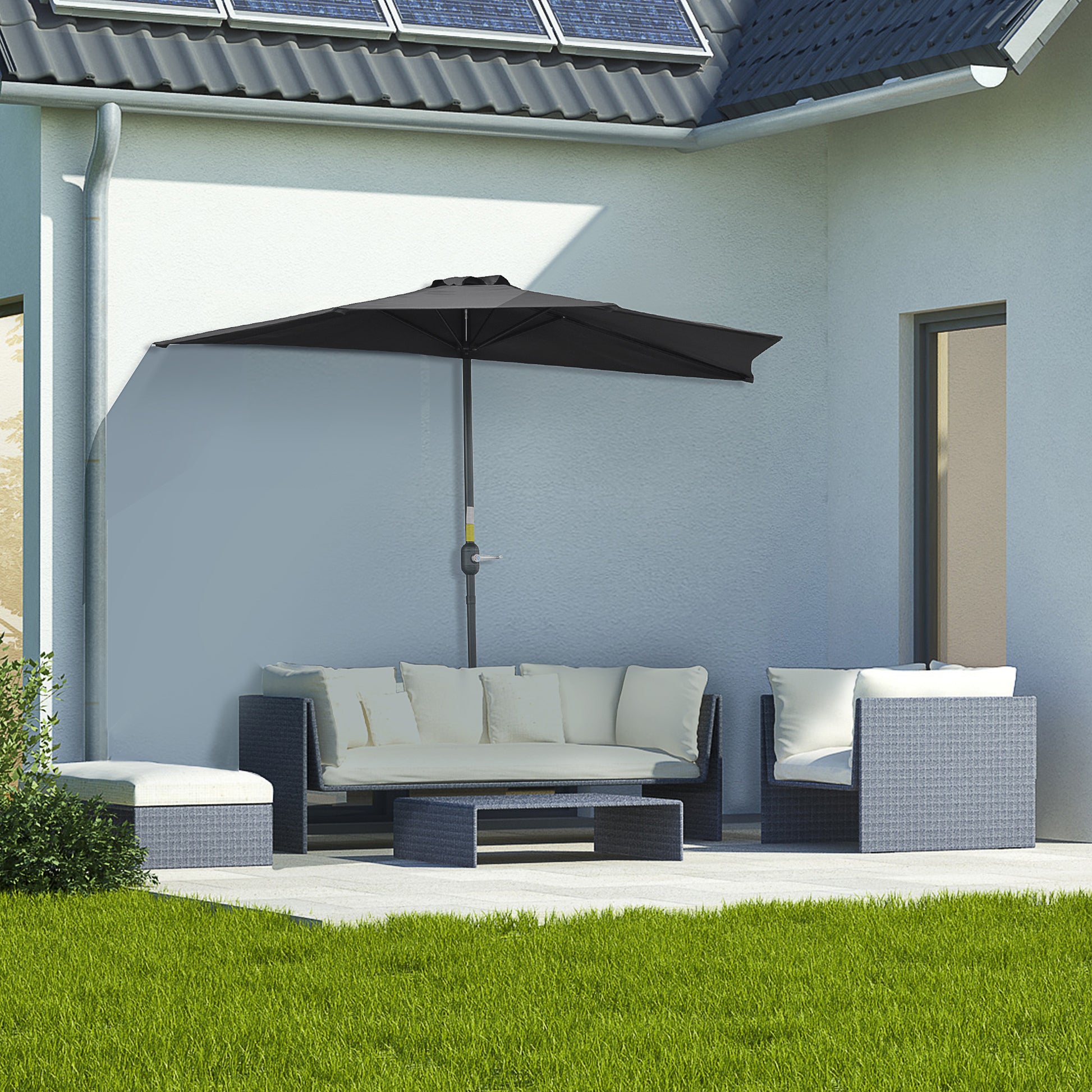 2.7m Garden Half Parasol, Outdoor Balcony Umbrella with 5 Steel Ribs, Patio Sun Shade, Black