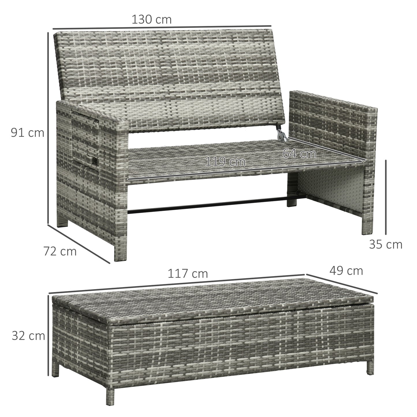 Outsunny Rattan Garden Daybed, Assembled Double Sun Lounger with 5-Level Adjustable Back, Storage Ottoman, Cushions, Pillows and Retractable Trays, Outdoor Loveseat Sofa Bed for Patio, Mixed Grey