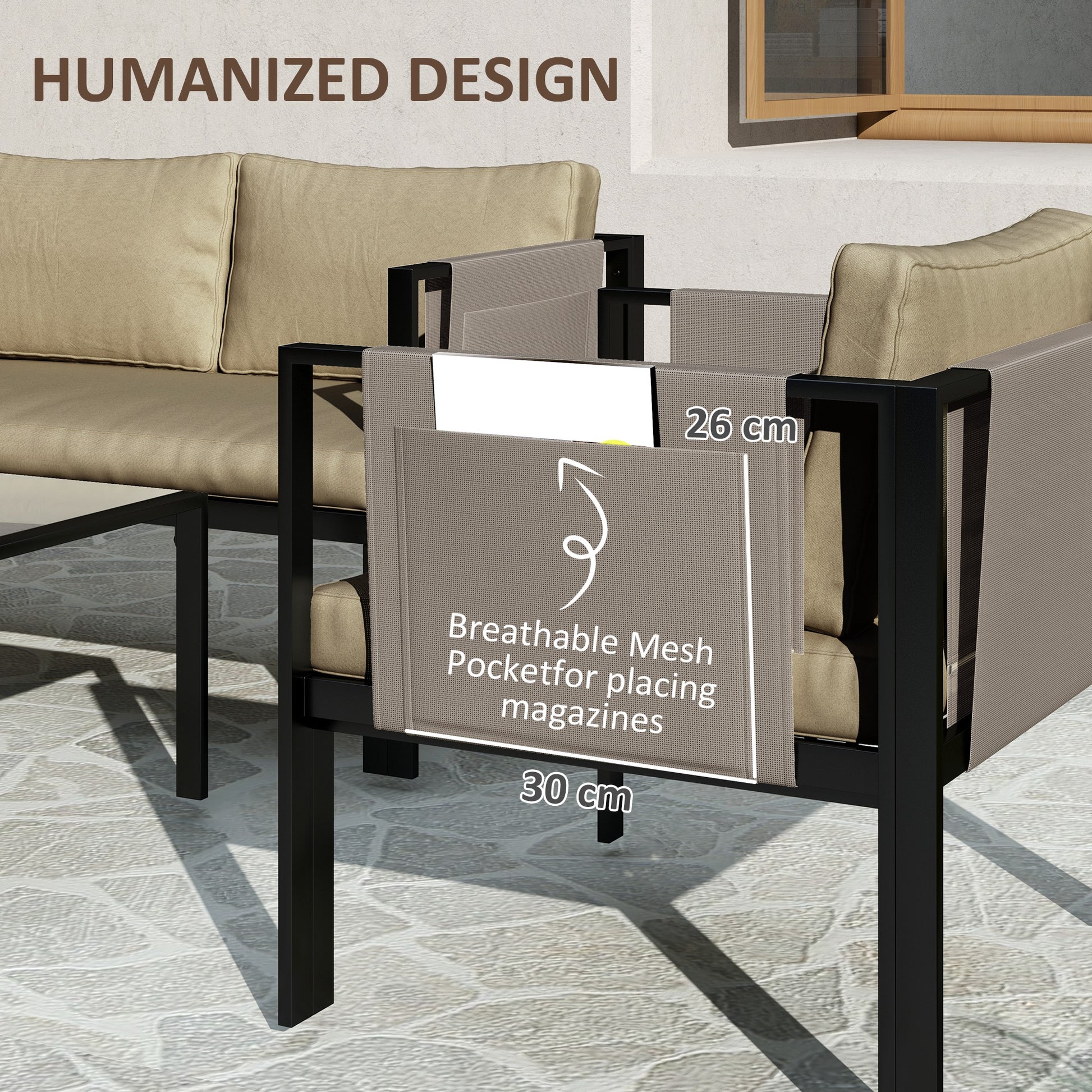 Outsunny 4 Piece Metal Garden Furniture Set with Loveseat, Breathable Texteline Chairs and Glass Coffee Table for Patio, Balcony & Outdoor, Khaki