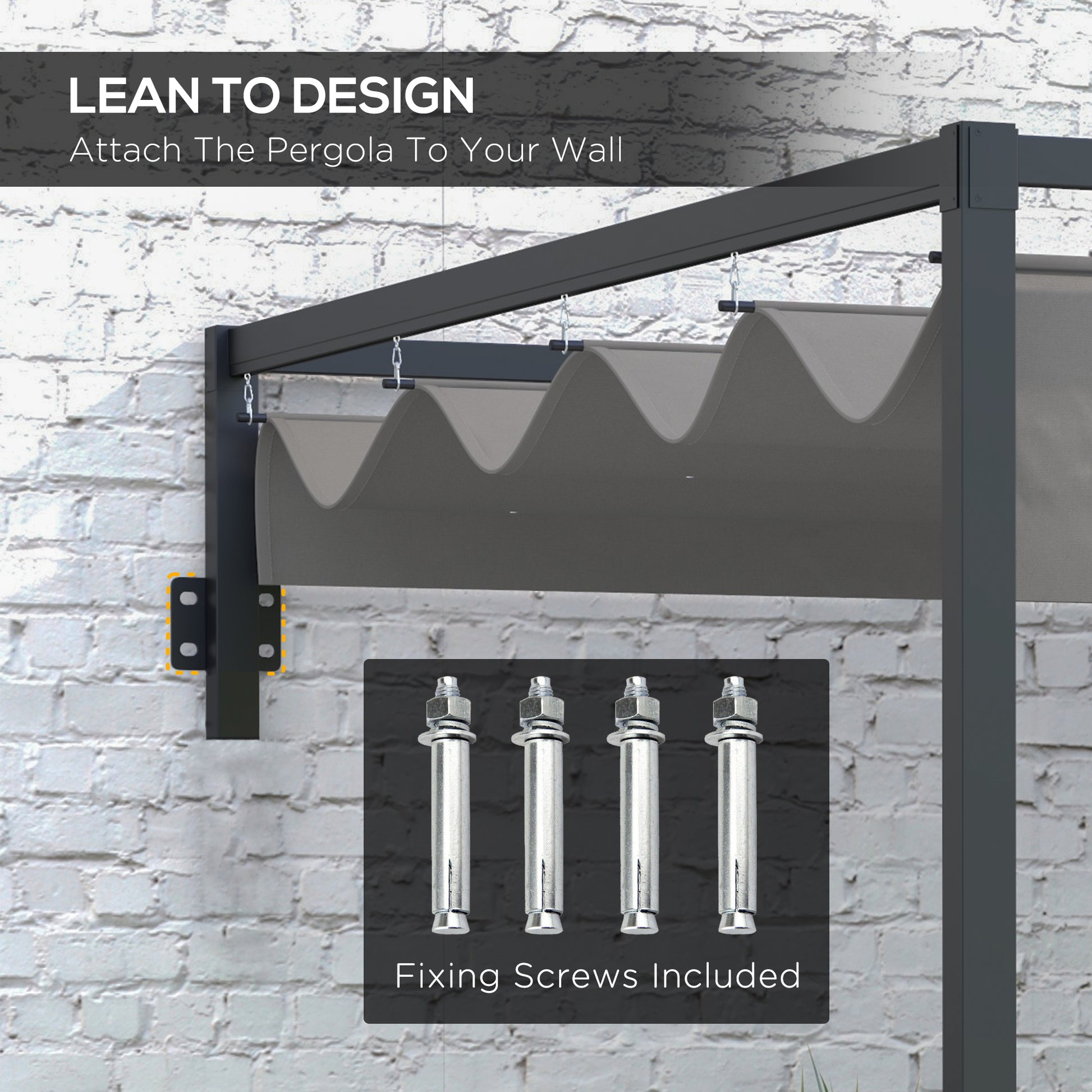 Outsunny 3 x 4m Lean To Steel Pergola with Moving Fabric Canopy - Dark Grey