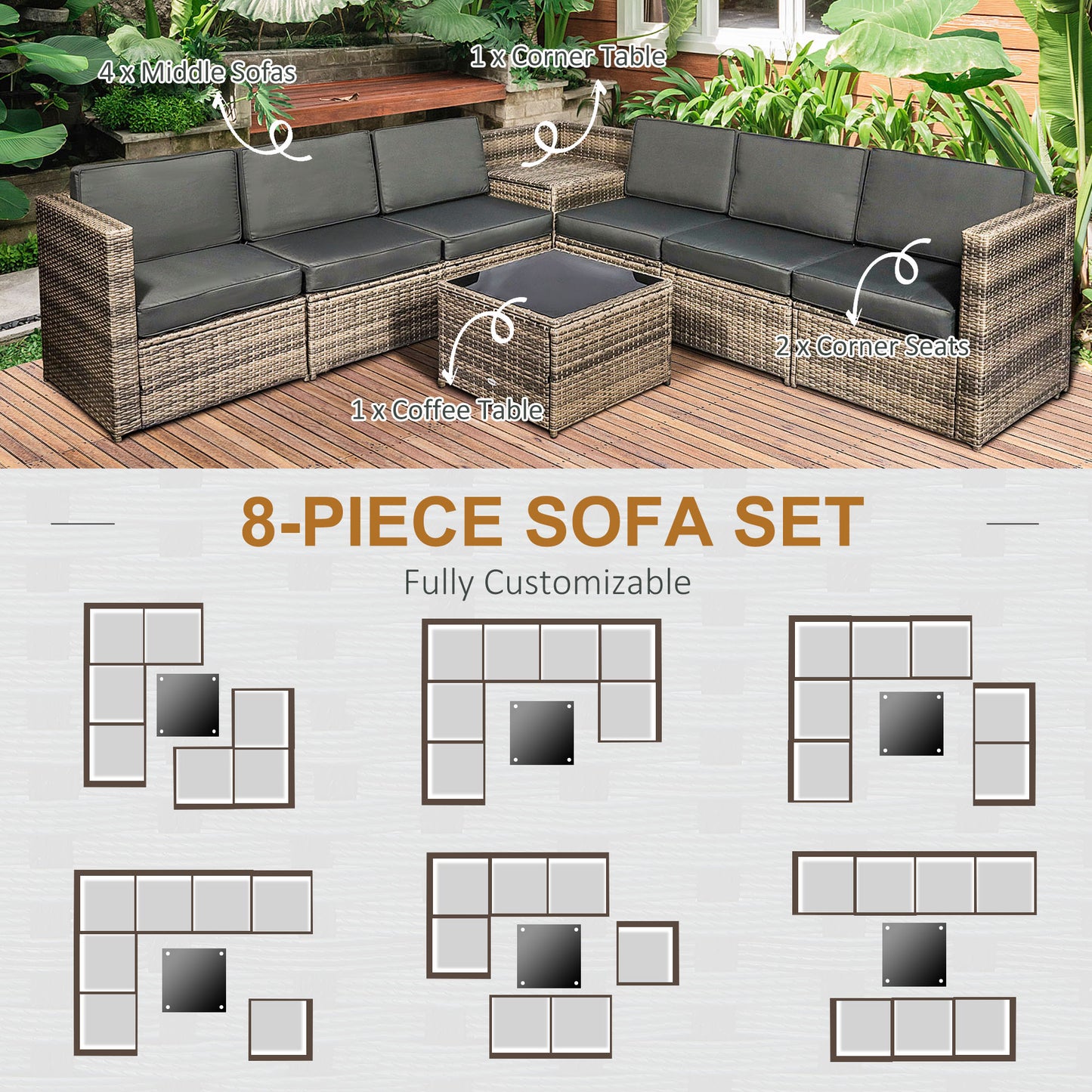 Outsunny 8 Pieces Outdoor PE Rattan Sofa Set with Cushions and Glass Top Coffee Table, Mixed Brown
