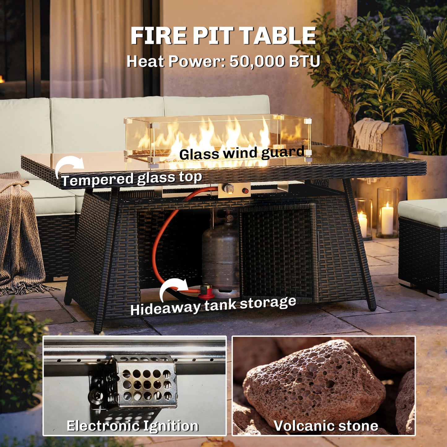 Outsunny 7 Pieces PE Rattan Garden Furniture Set, 50,000 BTU Gas Fire Pit Table, Black