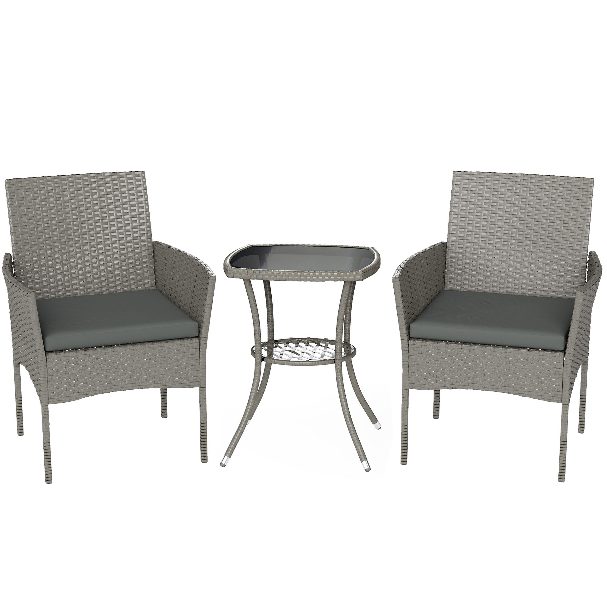 Outsunny 3 Piece Rattan Bistro Set, PE Wicker Garden Furniture Conversation Set with 2 Tier Glass-Top Table, Chairs, Dark Grey