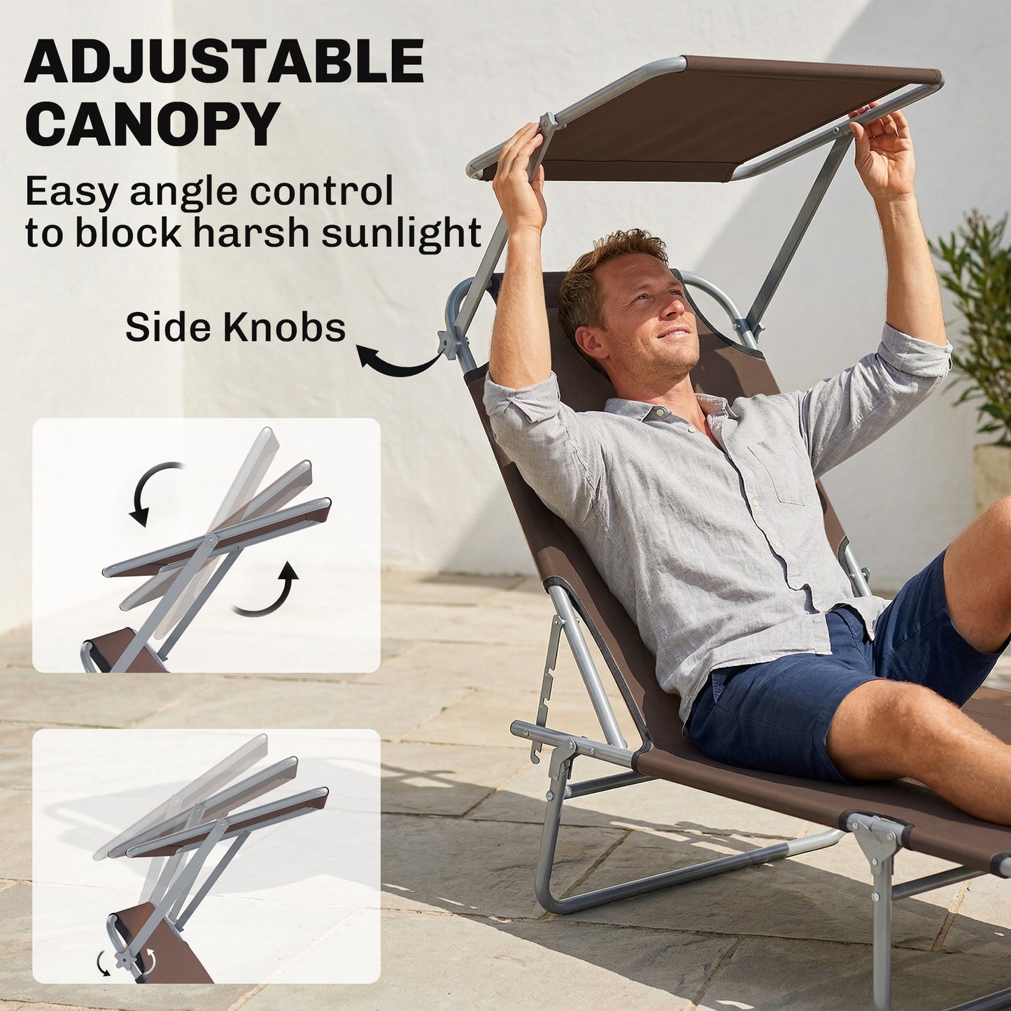 Outsunny Folding Sun Lounger with Canopy, Reclining Sunbed with 4-Position Adjustable Backrest, 600D Oxford Cloth, Portable Garden Lounger Recliner Chair for Beach, Camping, Patio, Brown