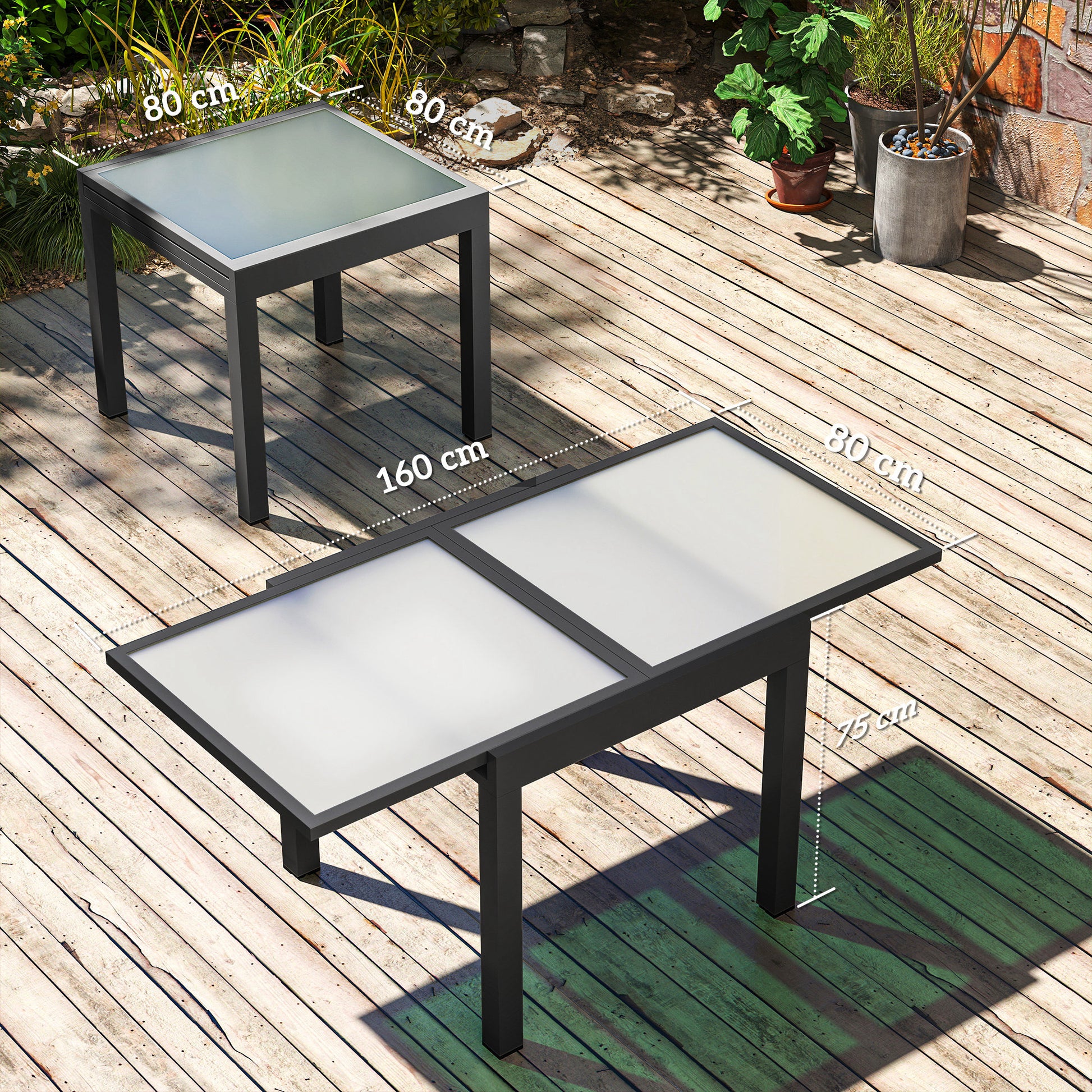 Outsunny Extending Garden Table, Outdoor Dining Table with Aluminium Frame and Tempered Glass Tabletop, 80/160 x 80 x 75 cm, Black and Clear