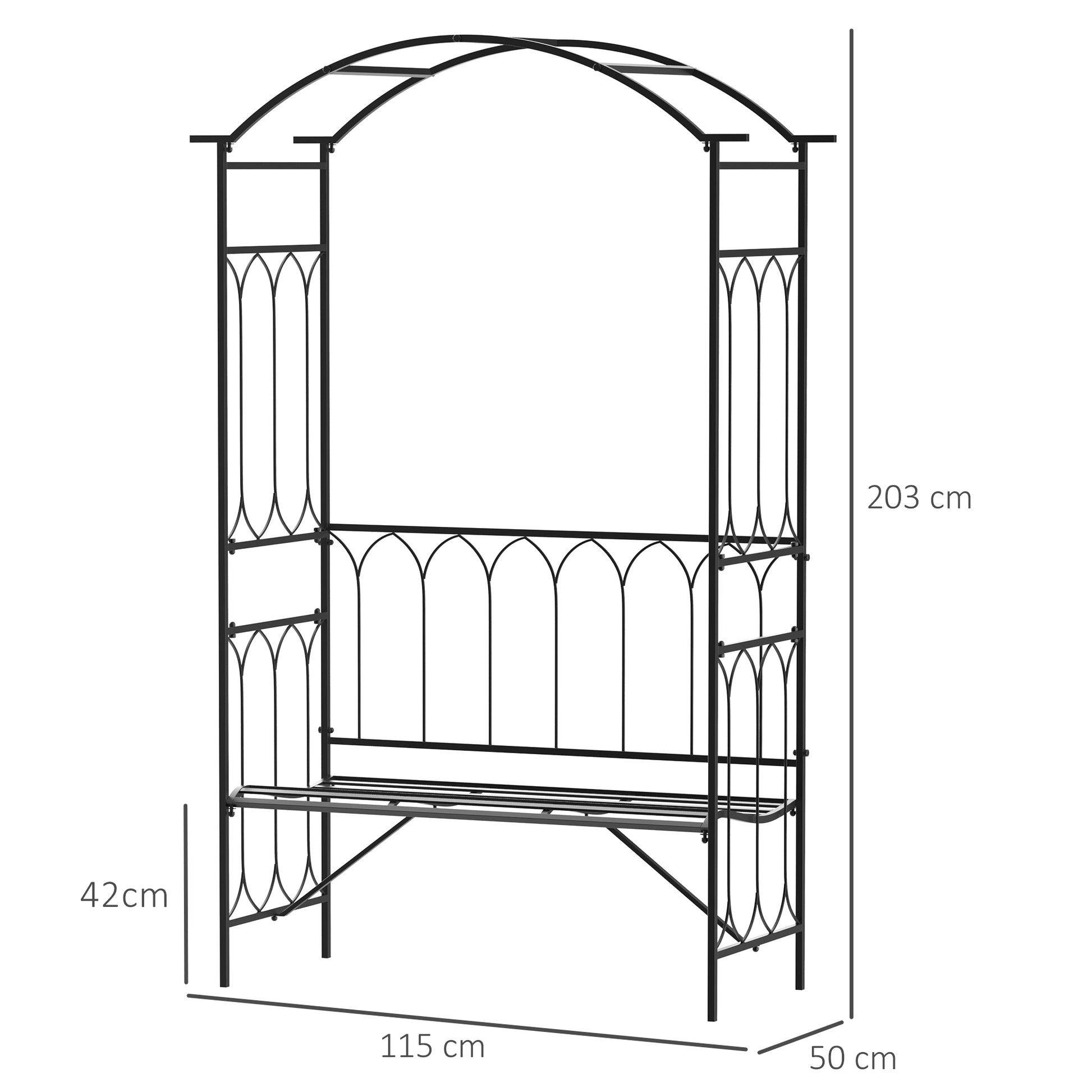 Outsunny Garden Metal Frame Bench W/Arch for Various Climbing Plant, 115Lx50Wx203H cm-Black