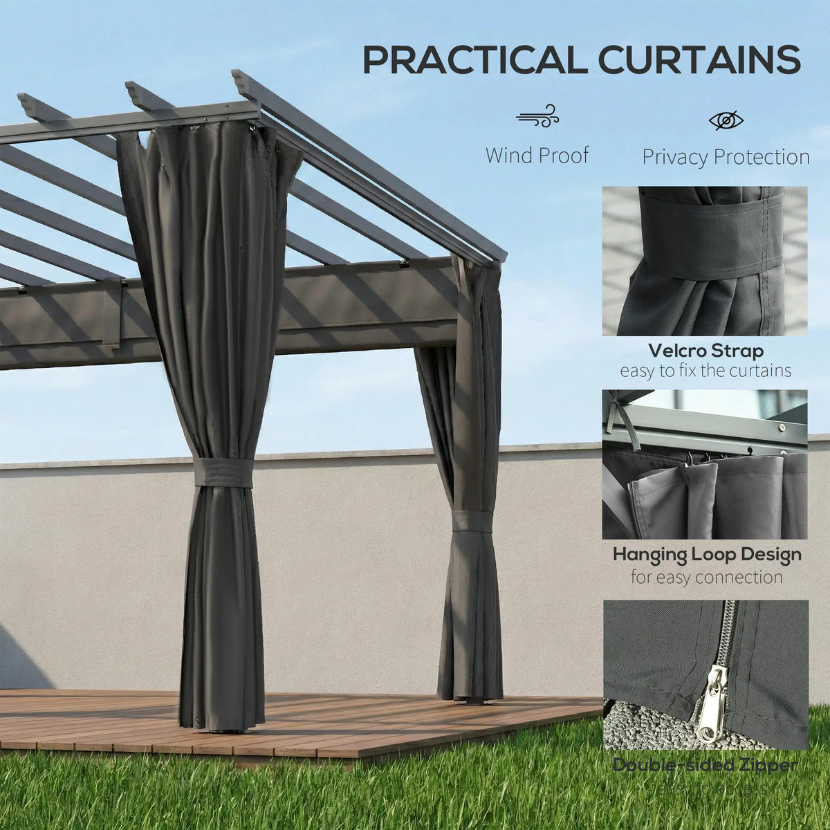 3.6x3m Aluminium Garden Pergola with Retractable Roof Canopy & Curtains – Modern Outdoor Sun Shade Shelter, Weather – Resistant Patio Cover, Dark Grey