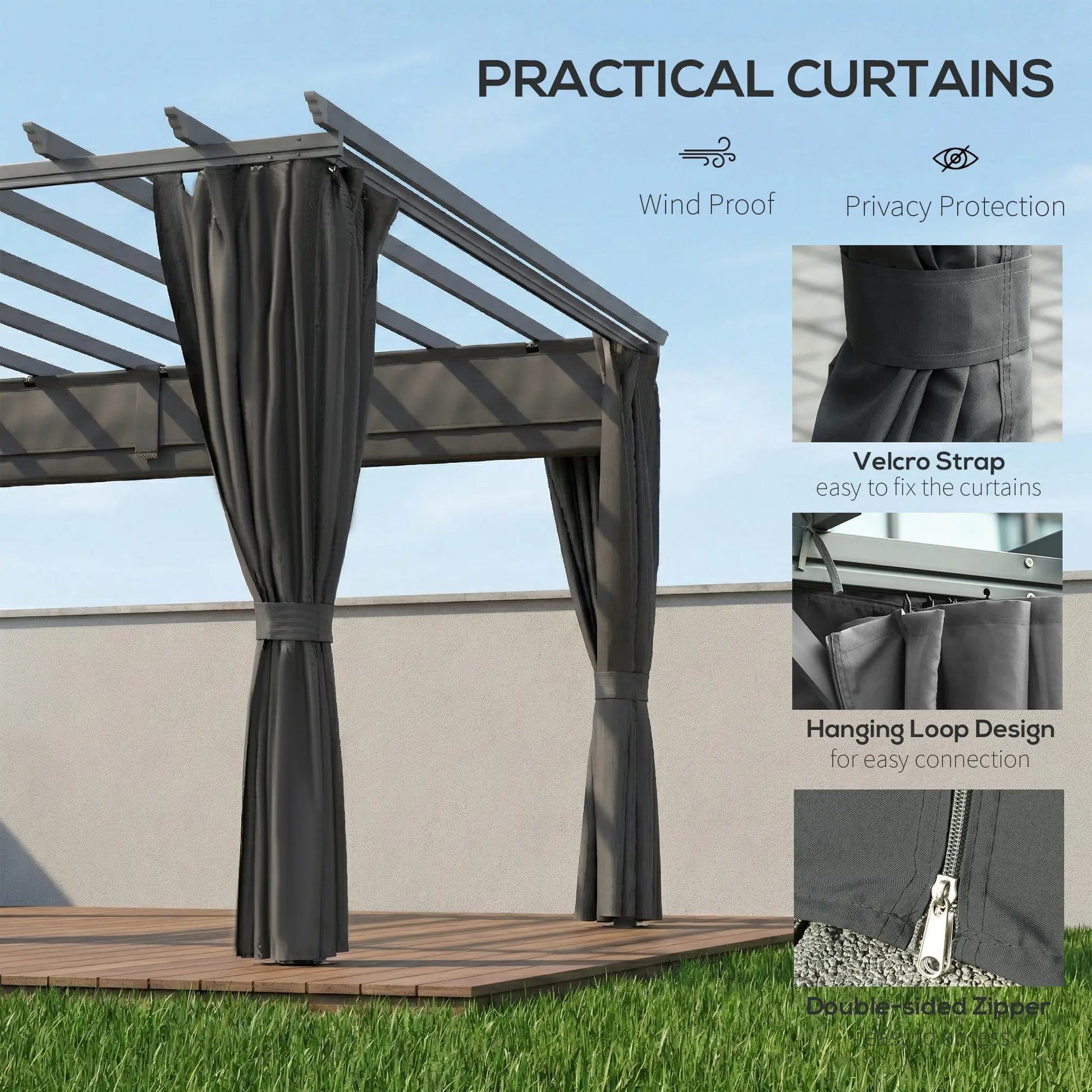 3.6x3m Aluminium Garden Pergola with Retractable Roof Canopy & Curtains – Modern Outdoor Sun Shade Shelter, Weather – Resistant Patio Cover, Dark Grey