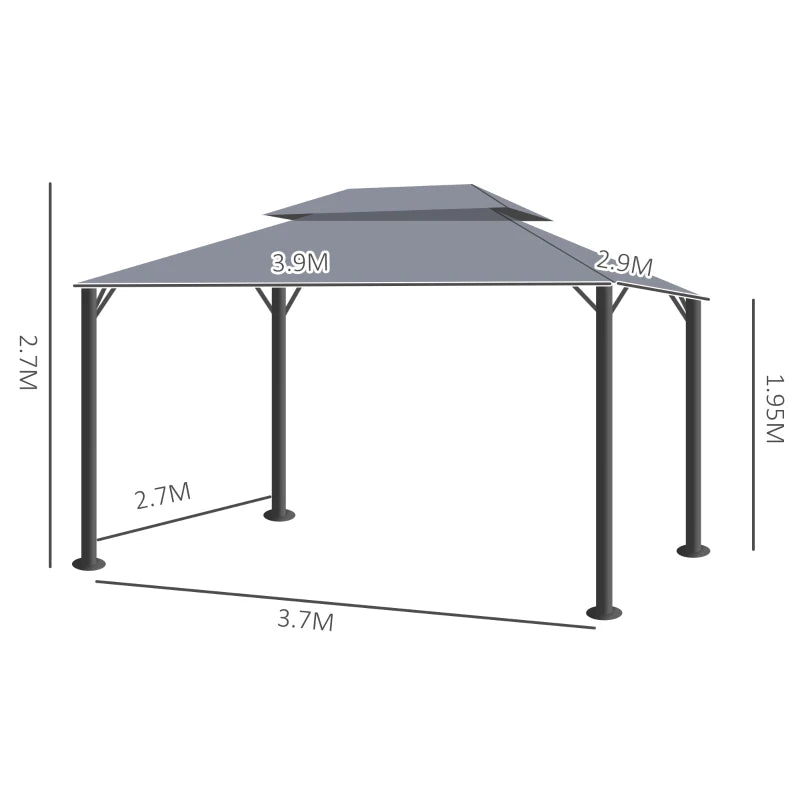 3.9m x 2.9m Dark Grey Aluminium Garden Pavilion – Double Roof Gazebo Canopy with Privacy Curtains, Insect Mesh Netting & Party Shelter Tent