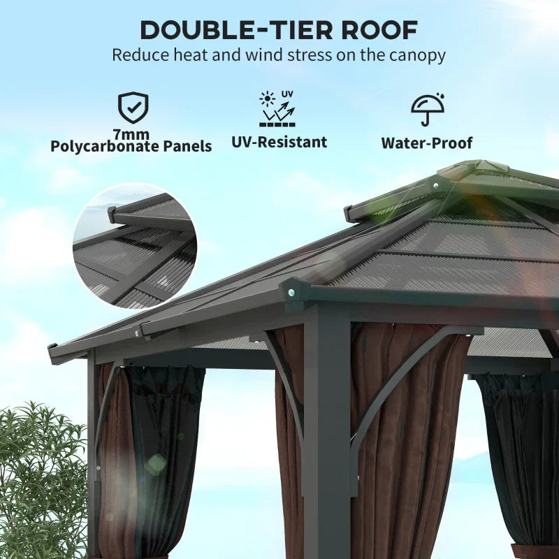 3x3m Brown Permanent Hardtop Gazebo Pavilion – 7mm Polycarbonate Double Roof Garden Shelter with Curtains & Insect Netting