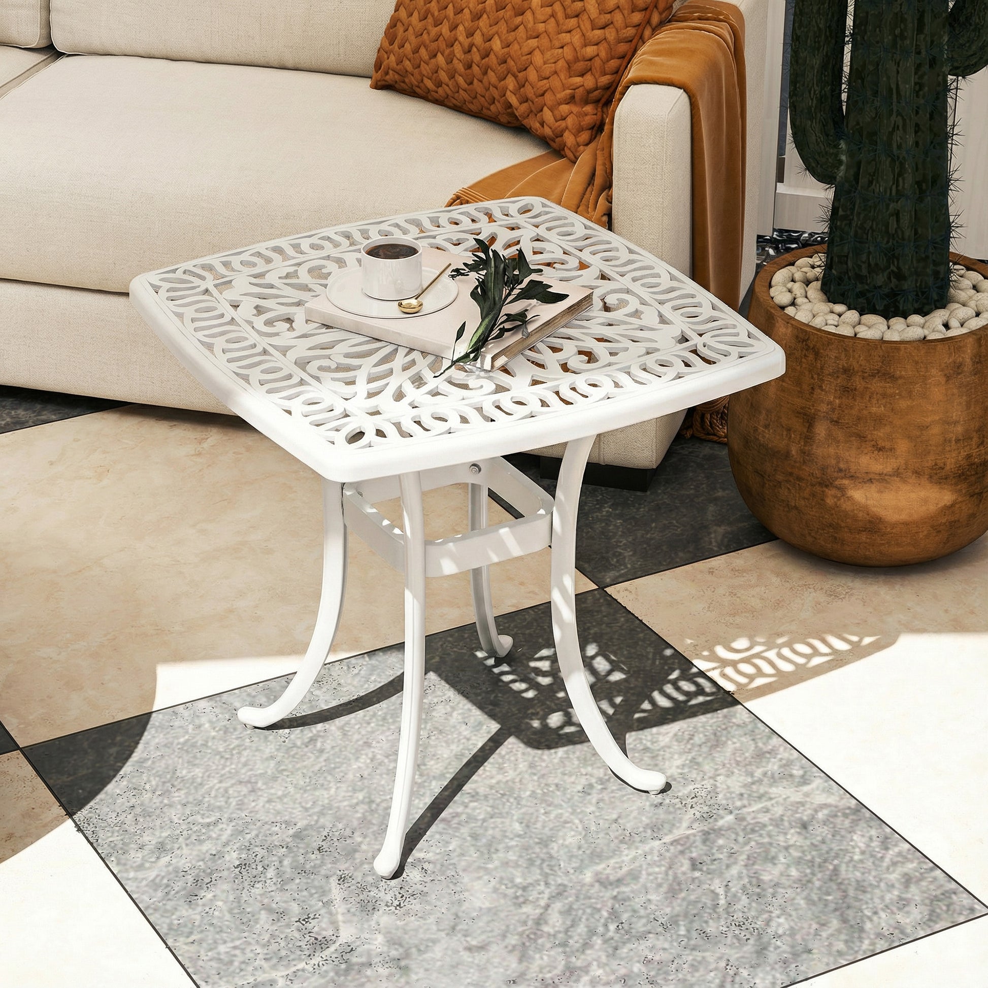 Ibiza Garden Table with 38mm Dia. Umbrella Hole, Cast Aluminium Patio End Table with Anti-slip Foot Pads for Garden
