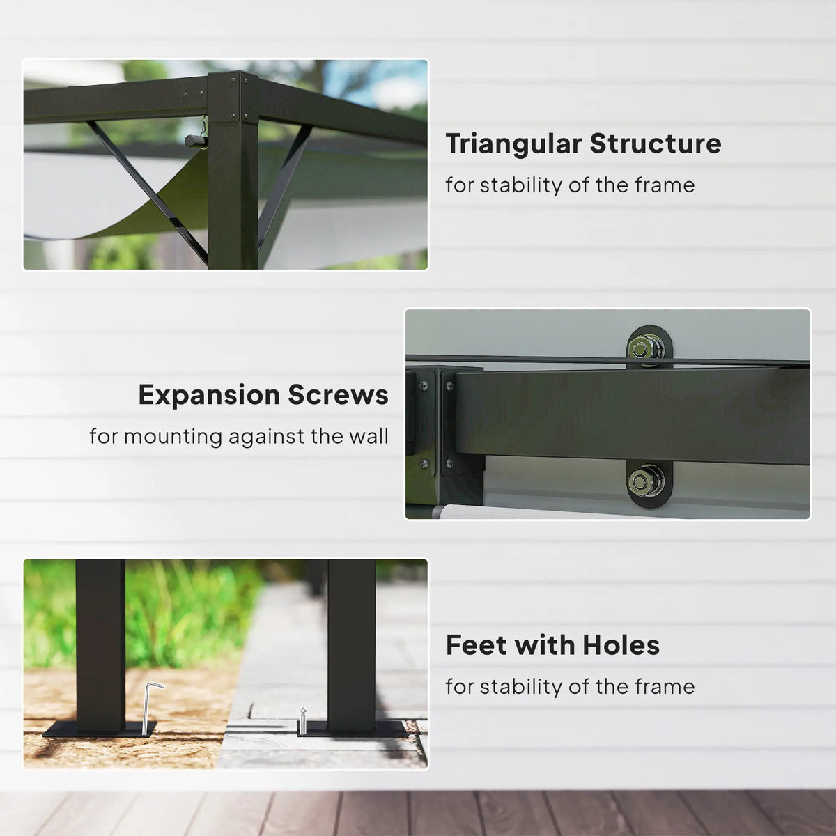 3m x 3m Lean – To Pergola – Grey Retractable Canopy Roof, Wall Mounted Outdoor Patio Shade Shelter