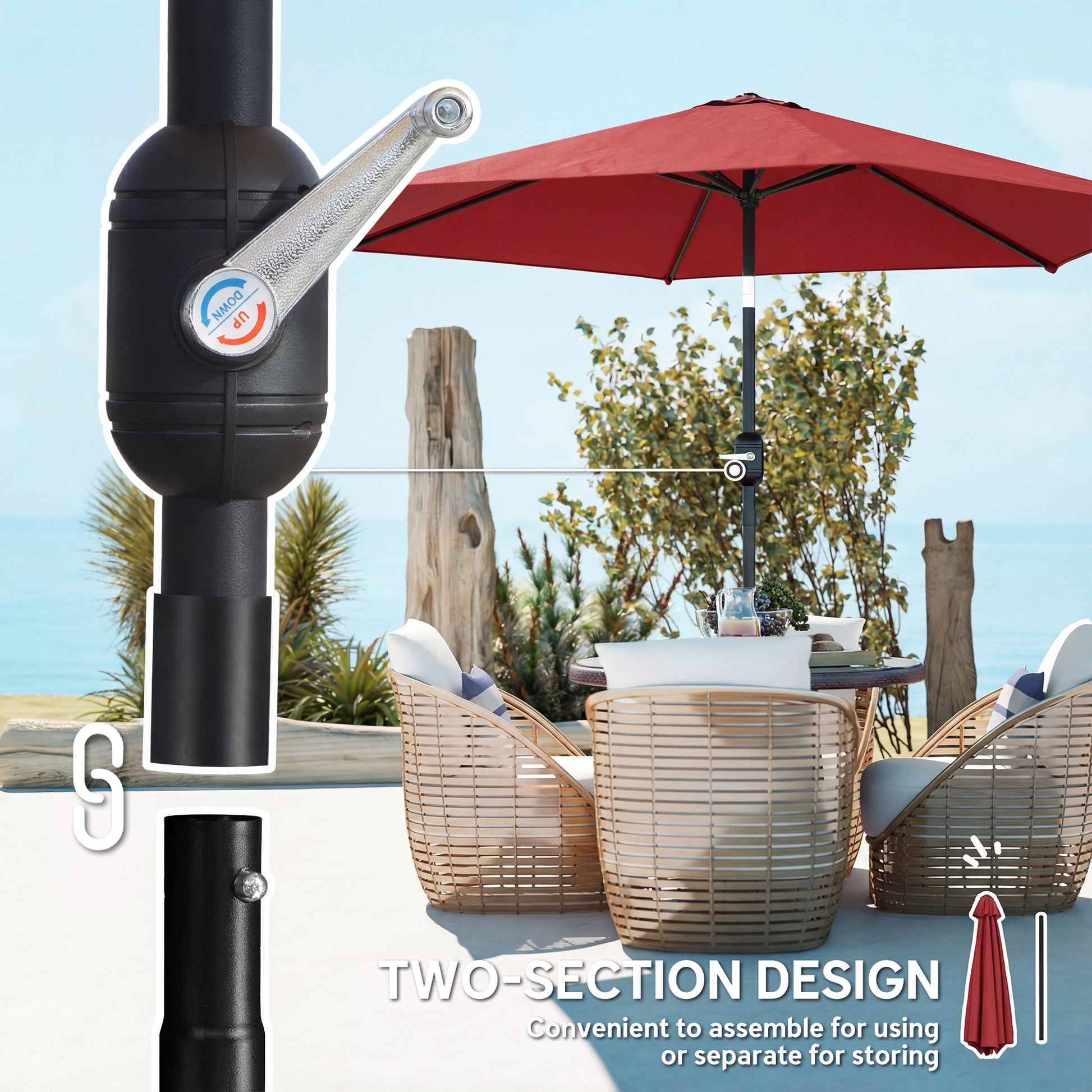Outsunny 2.6 m Garden Parasol Umbrella with Aluminium Pole, Outdoor Patio Umbrella with Tilt and Crank, Vent, Wine Red