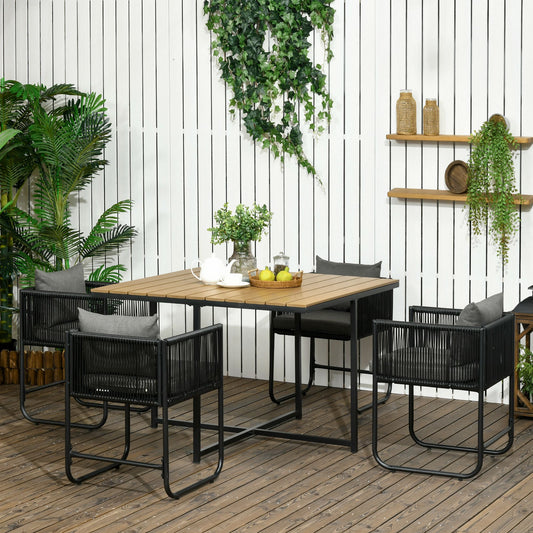 4 Seater Rattan Cube Garden Furniture Set, Rattan Dining Set with Cushions, Garden Dining Table and Chairs with Rectangular Wood Grain Plastic