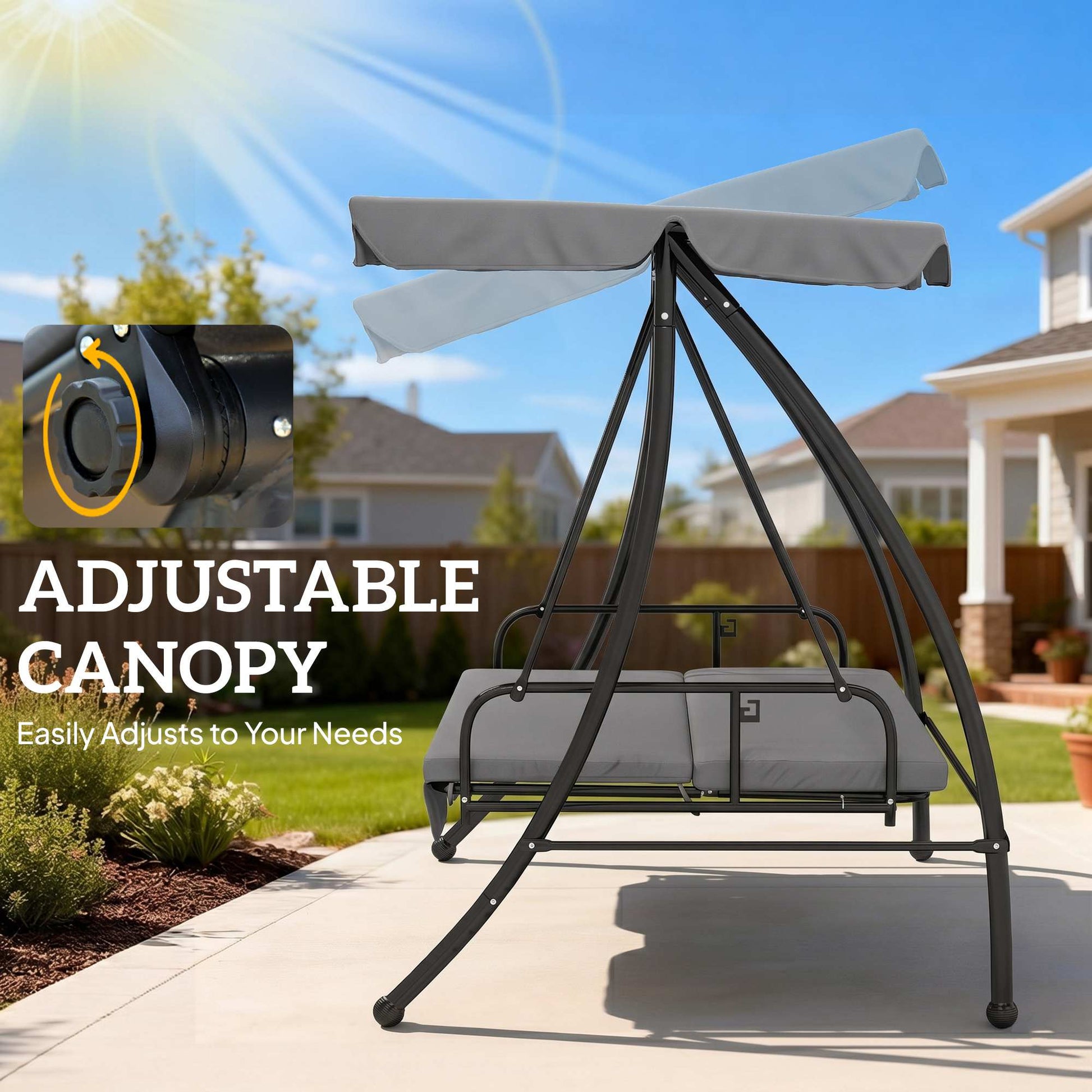 Outsunny Outdoor 2-in-1 Swing Chair Lounger 3 Seater Garden Swing Seat Bed Convertible Tilt Canopy W/ Cushion, Light Grey