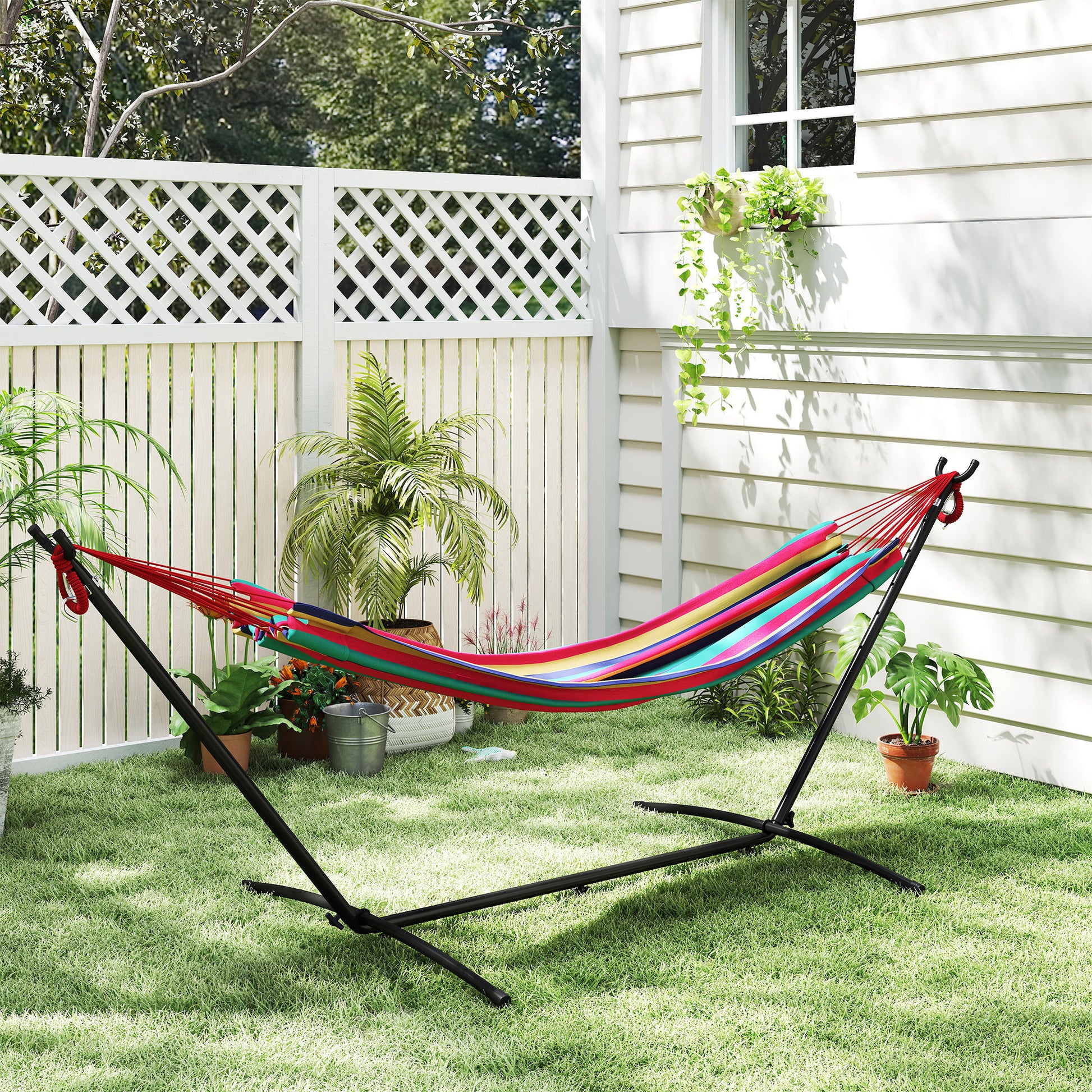 Outsunny 298 x 117cm Hammock with Stand Camping Hammock with Portable Carrying Bag, Adjustable Height, 120kg Load Capacity, Multicolour