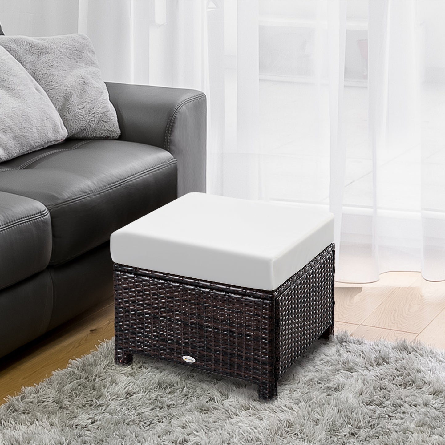 Monaco Rattan Footstool Wicker Ottoman with Padded Seat Cushion Garden Furniture for Garden Poolside Living Room