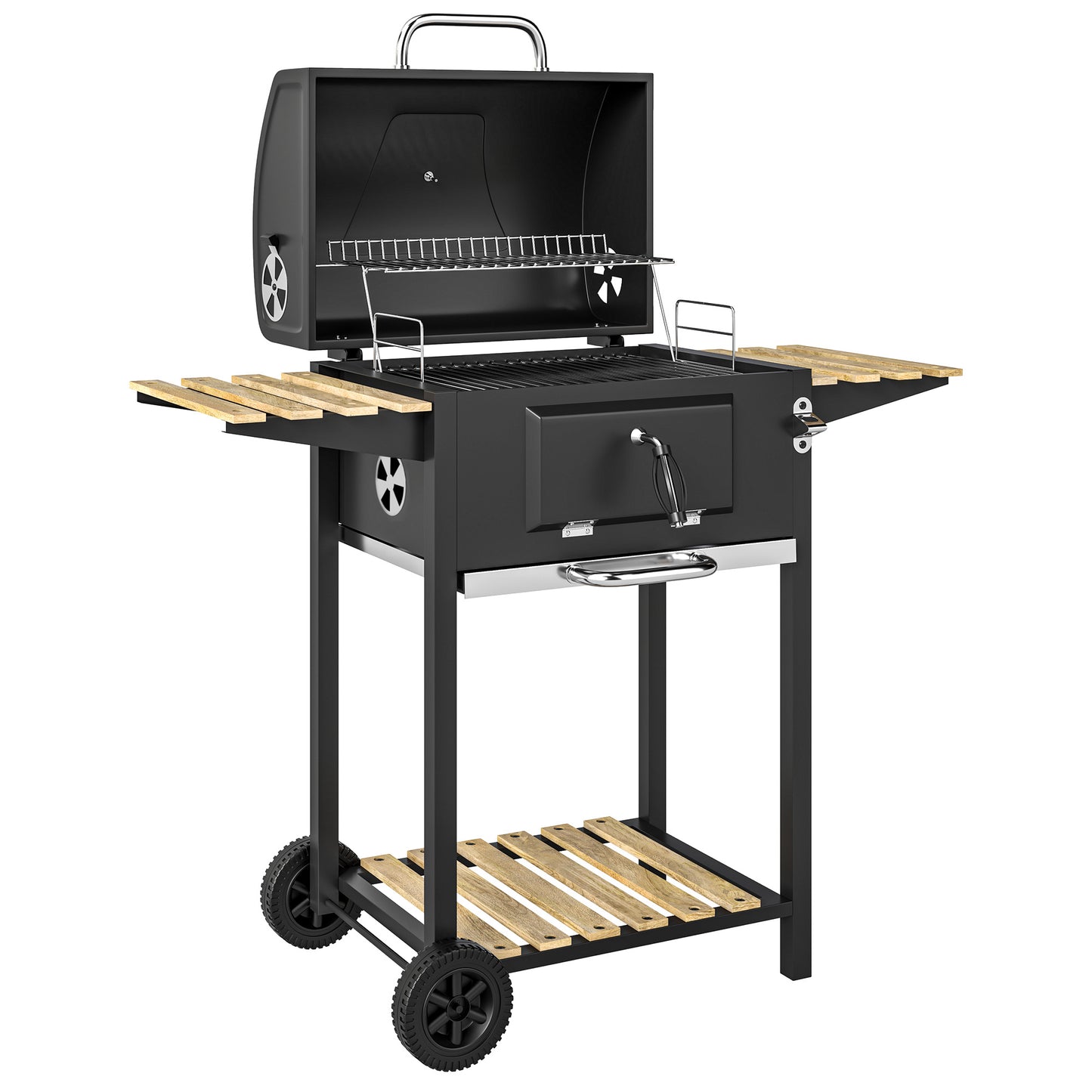Outsunny Charcoal BBQ Grill with Adjustable Charcoal Pan, Barbecue Smoker with Warming Rack, Black