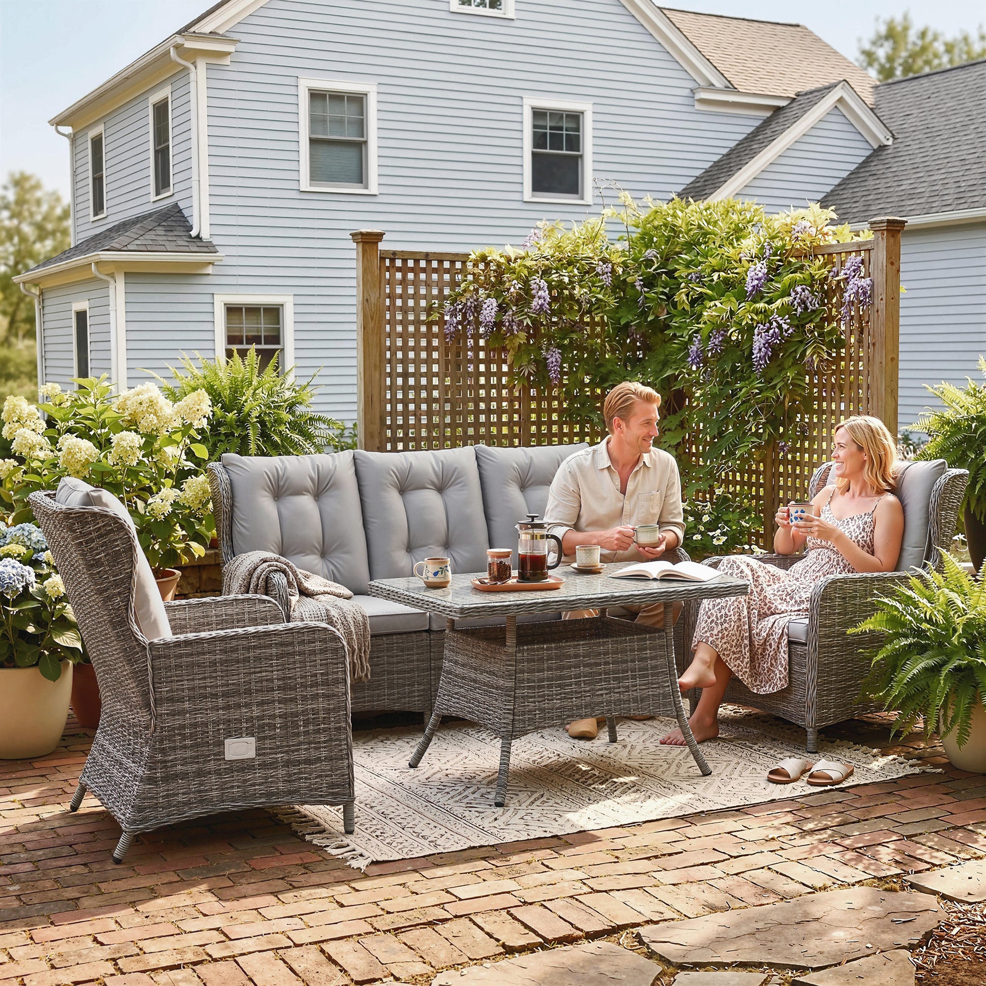 Sorrento 5 Seater Rattan Garden Furniture Set with Sofa, Reclining Chairs, Table