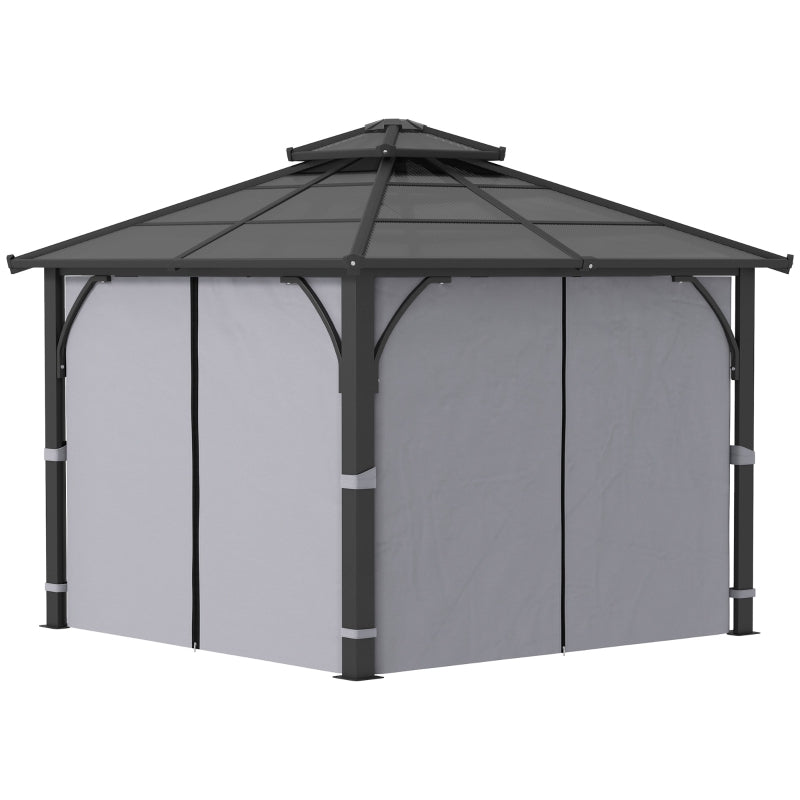 3x3m Brown Polycarbonate Hardtop Gazebo Garden Pavilion – Heavy Duty Metal Frame Shelter with Curtains & Mosquito Netting