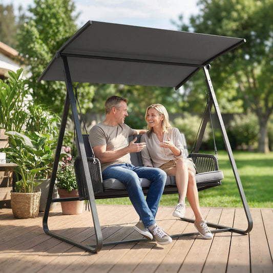 Sorrento 2-Seater Rattan Swing Chair, Garden Hanging Swing Seat with Stand, Adjustable Canopy and Soft Cushions