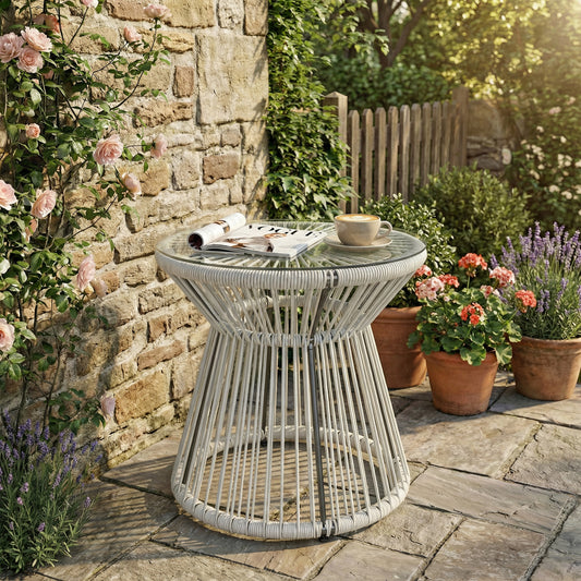 Ibiza Rattan Outdoor Coffee Table, PE Rattan Bistro Side Table with Tempered Glass Top, Light Grey