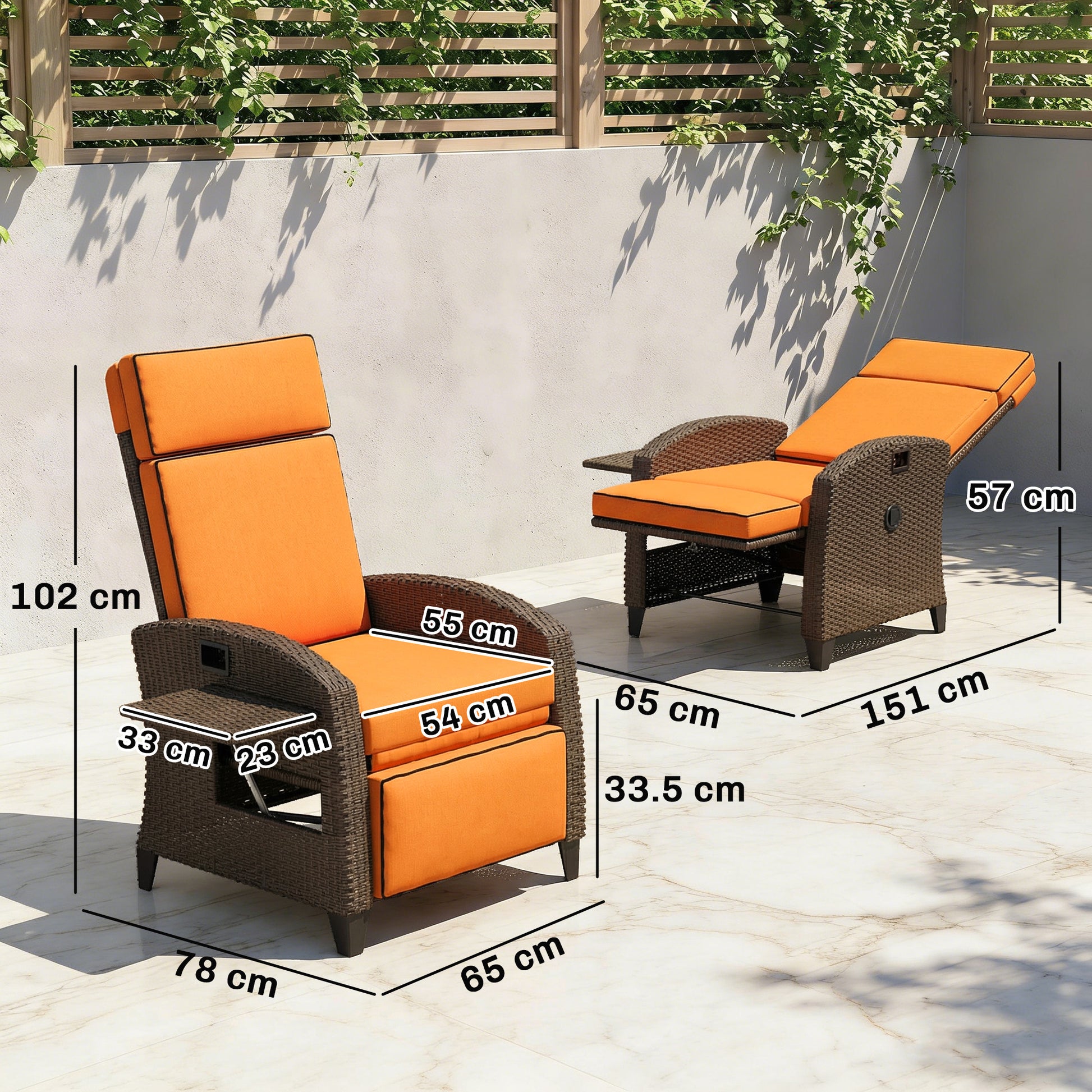 Outsunny Garden Recliner with Cushion, Outdoor Recliner Chair with Adjustable Backrest & Footrest, Side Tray, Orange