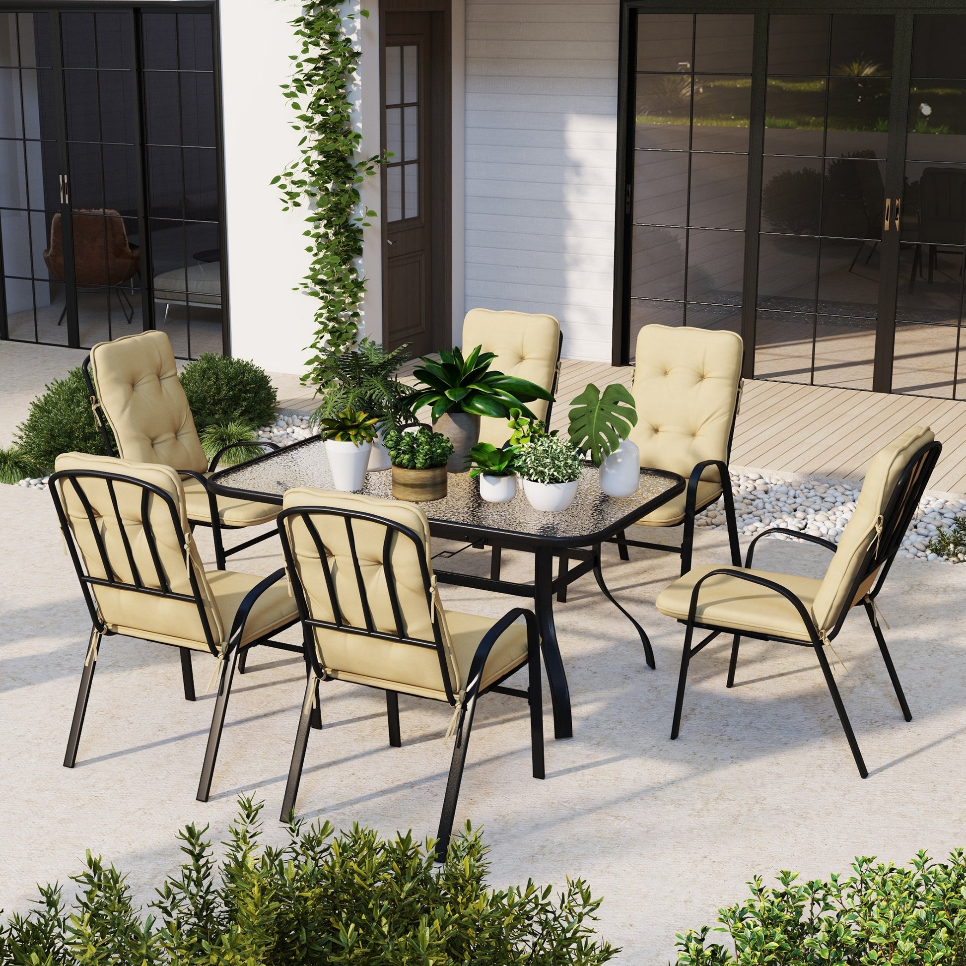 Tivoli Seven-Piece Garden Dining Set with Ripple Tempered Glass Tabletop and Full-size Cushions - Beige