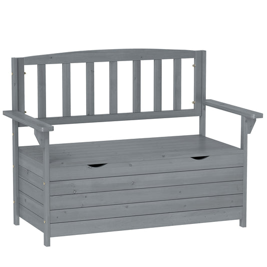 Outsunny Outdoor 2 Seater Garden Bench, Wooden Bench with Storage, Backrest, Arm Rests, 112 x 84 x 58 cm, Grey
