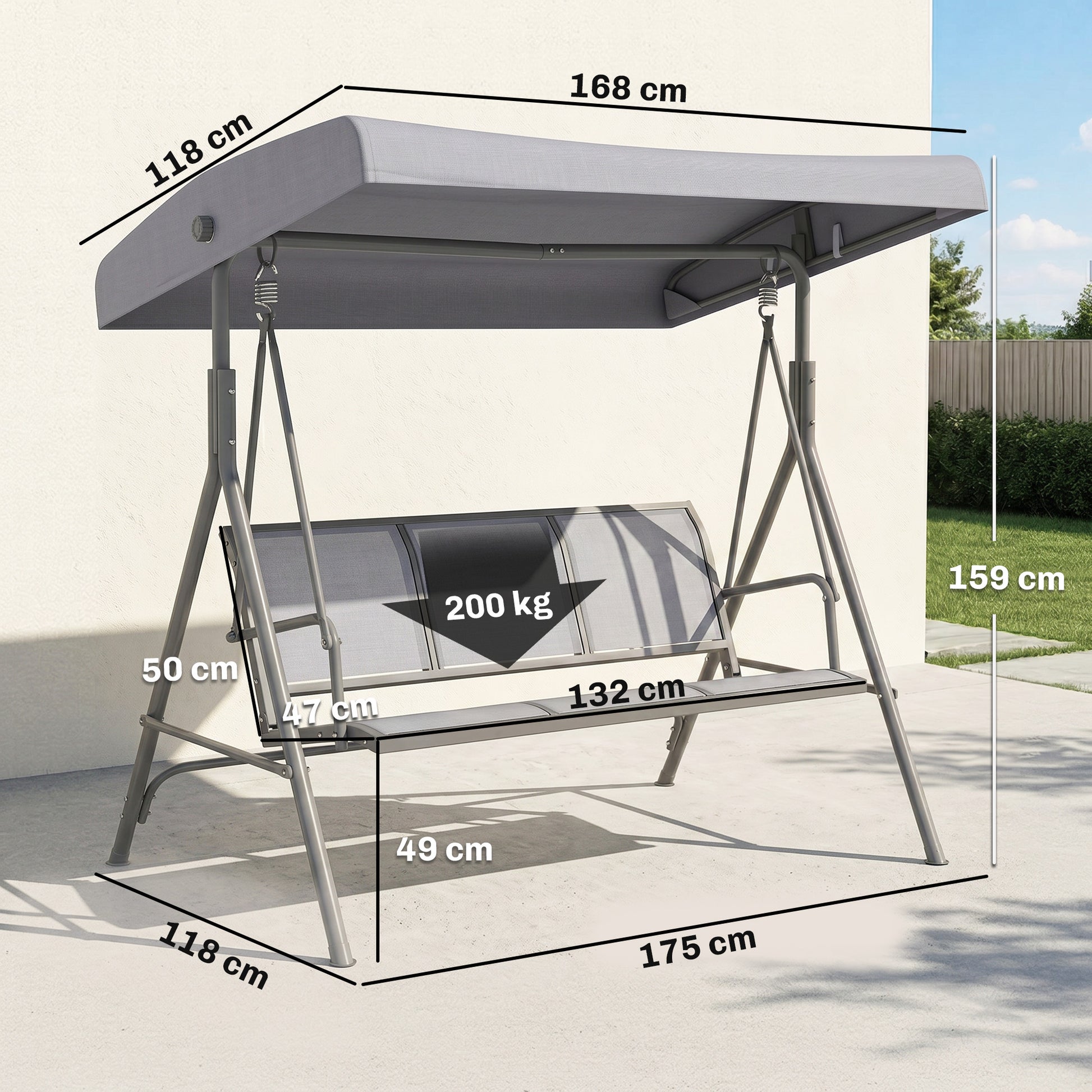 Outsunny 3 Seater Swing Chair, Garden Swing Bench with Adjustable Tilting Canopy, Breathable Mesh Seat and Heavy Duty Steel Frame for Patio, Garden, Grey