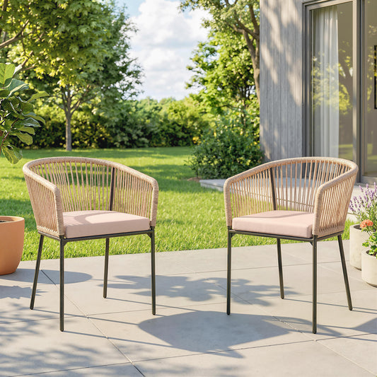 Verona Garden Chairs Set of 2, Rattan Garden Dining Chairs with String Back Armrests, Cushions, Natural Wood Finish