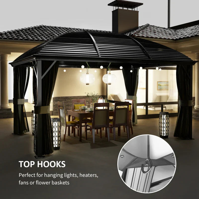 3m x 4m Dark Grey Hardtop Garden Gazebo Pavilion – Aluminium Frame with Steel Roof, Privacy Curtains & Insect Mesh Canopy Shelter