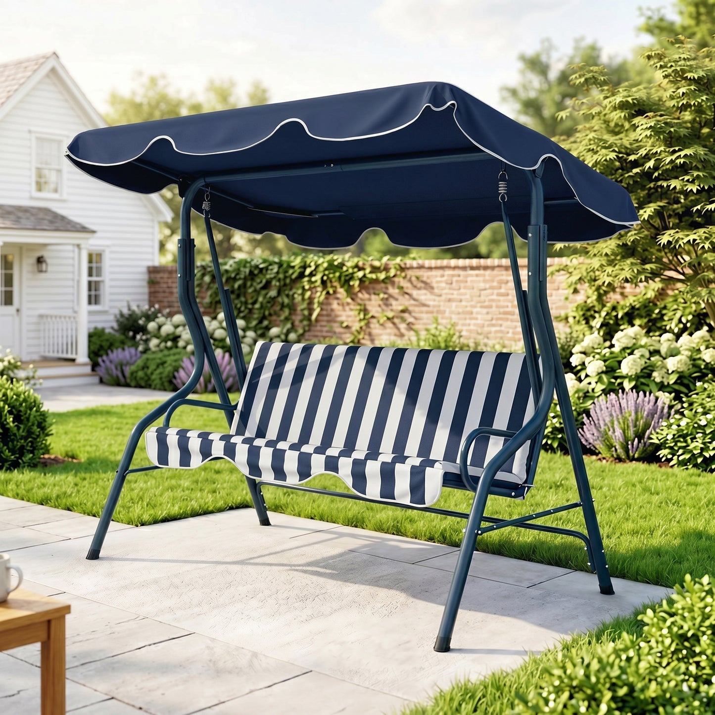 Riviera 3 Seater Garden Swing Seat Chair Garden Bench with Adjustable Canopy and Metal Frame, Blue Stripes