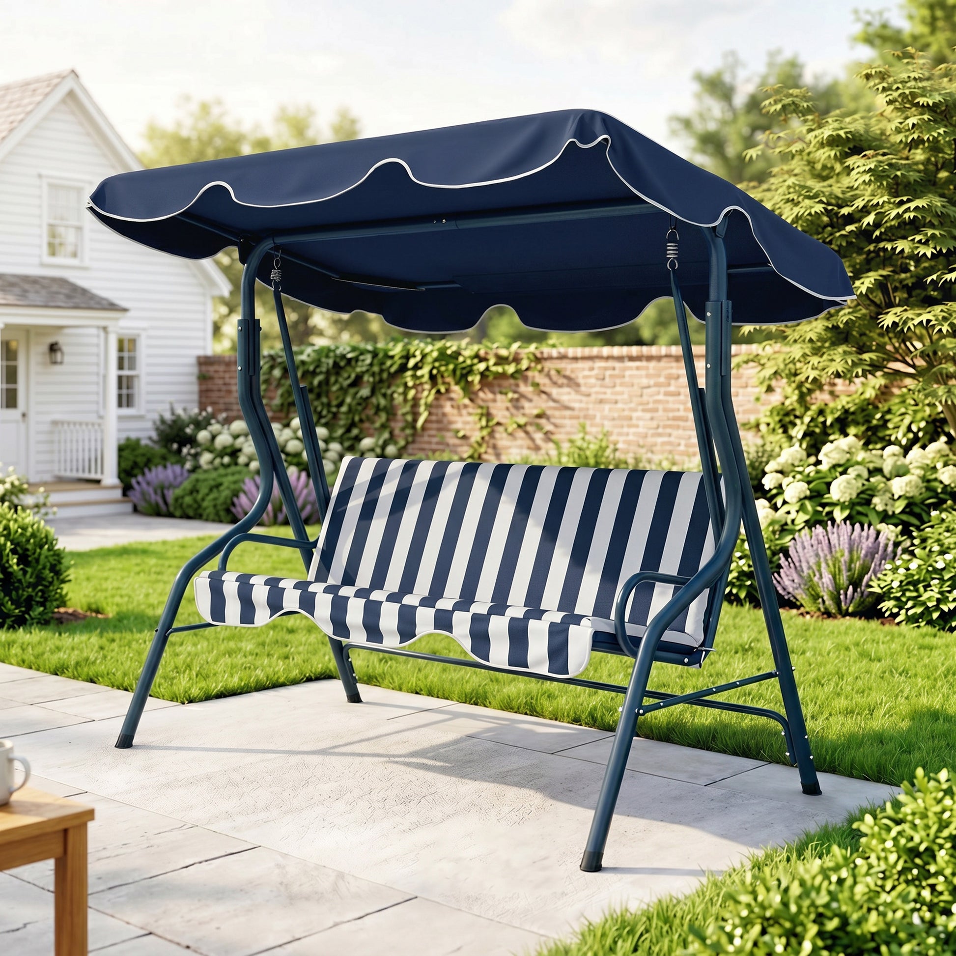 Riviera 3 Seater Garden Swing Seat Chair Garden Bench with Adjustable Canopy and Metal Frame, Blue Stripes