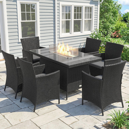 Ibiza 7 Piece Outdoor Rattan Garden Furniture with Fire Pit Table, 6 Seater Garden Table and Chairs with Cushions