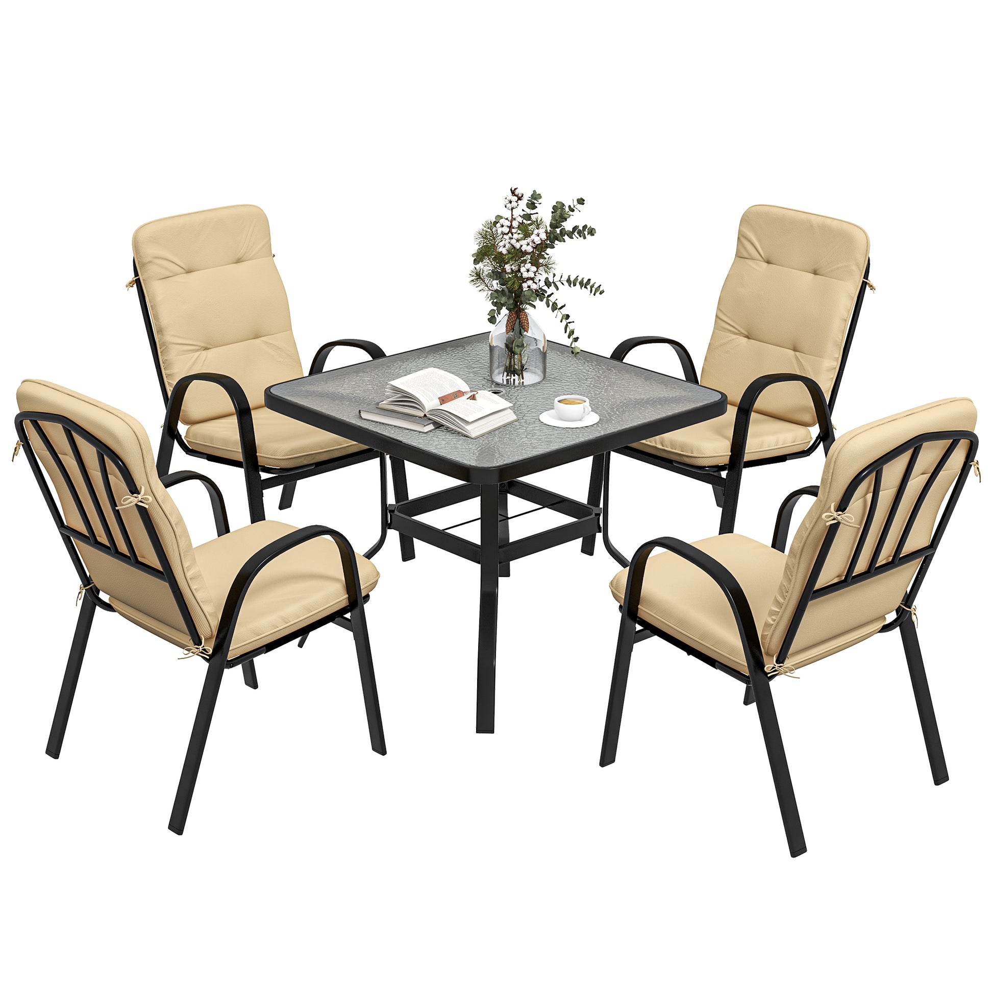 Outsunny 5 Pieces Outdoor Square Garden Dining Set for Small Garden with Tempered Glass Dining Table 4 Cushioned Armchairs, Umbrella Hole, Beige