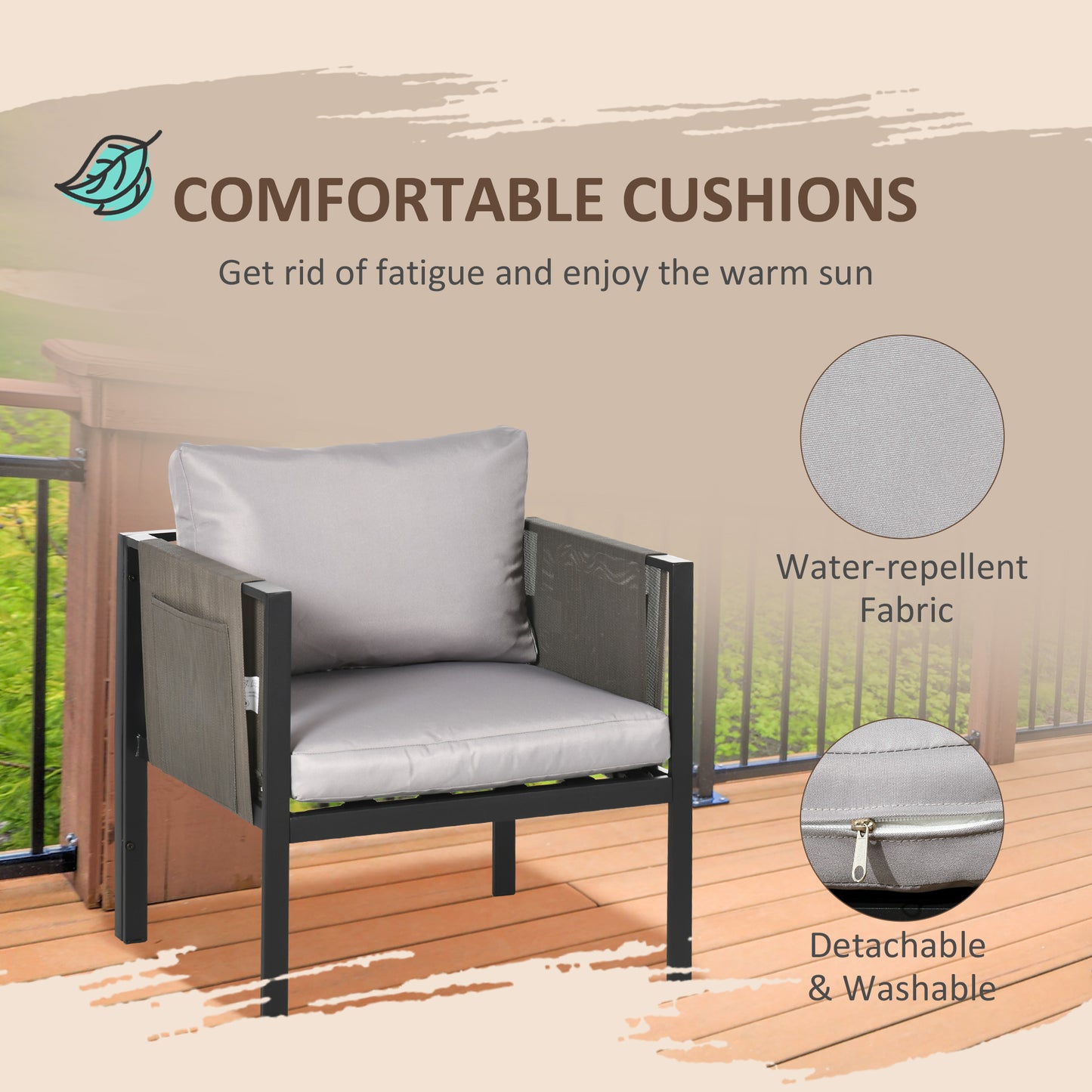 Outsunny 4 Piece Metal Garden Furniture Set with Tempered Glass Coffee Table, Texteline Pocket, Light Grey