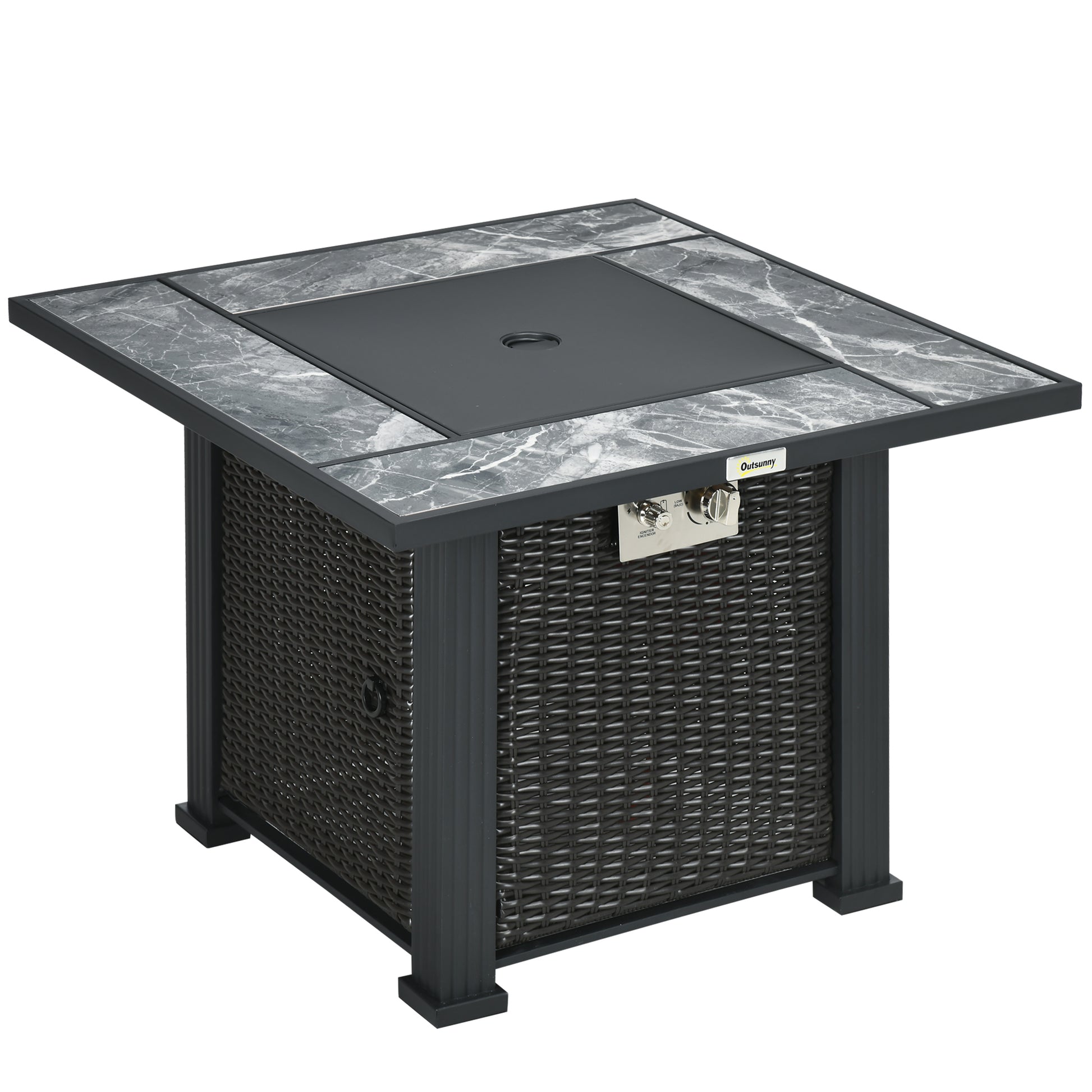 Outsunny Outdoor PE Rattan Gas Fire Pit Table, Patio Square Propane Heater with Marble Desktop, Rain Cover, Glass Windscreen, and Glass Stones, 50,000 BTU, Black